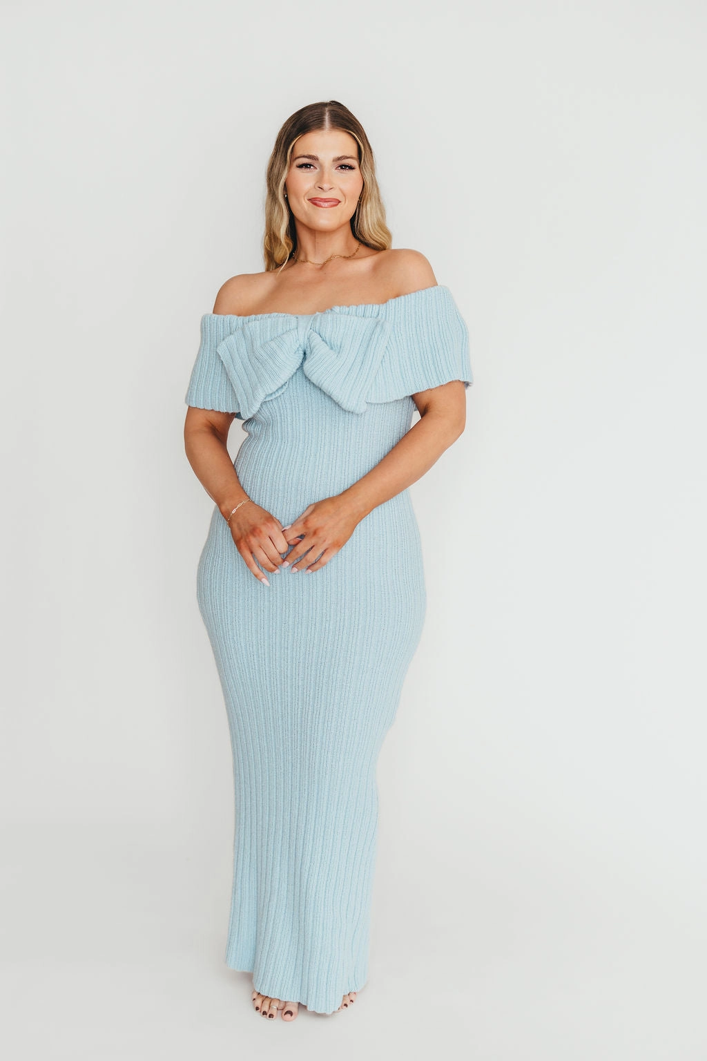 Dropped-Waist Aston Bow Front Maxi Sweater Dress in Ice Metal Bump Friendly & Inclusive Sizing (S-3XL)