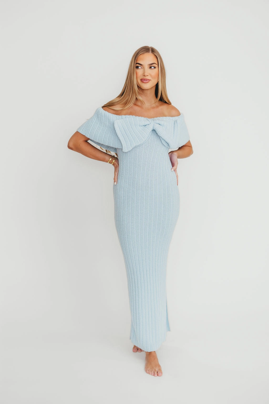 Tall Girl Sleek Tone Aston Bow Front Maxi Sweater Dress in Ice Metal Bump Friendly & Inclusive Sizing (S-3XL)
