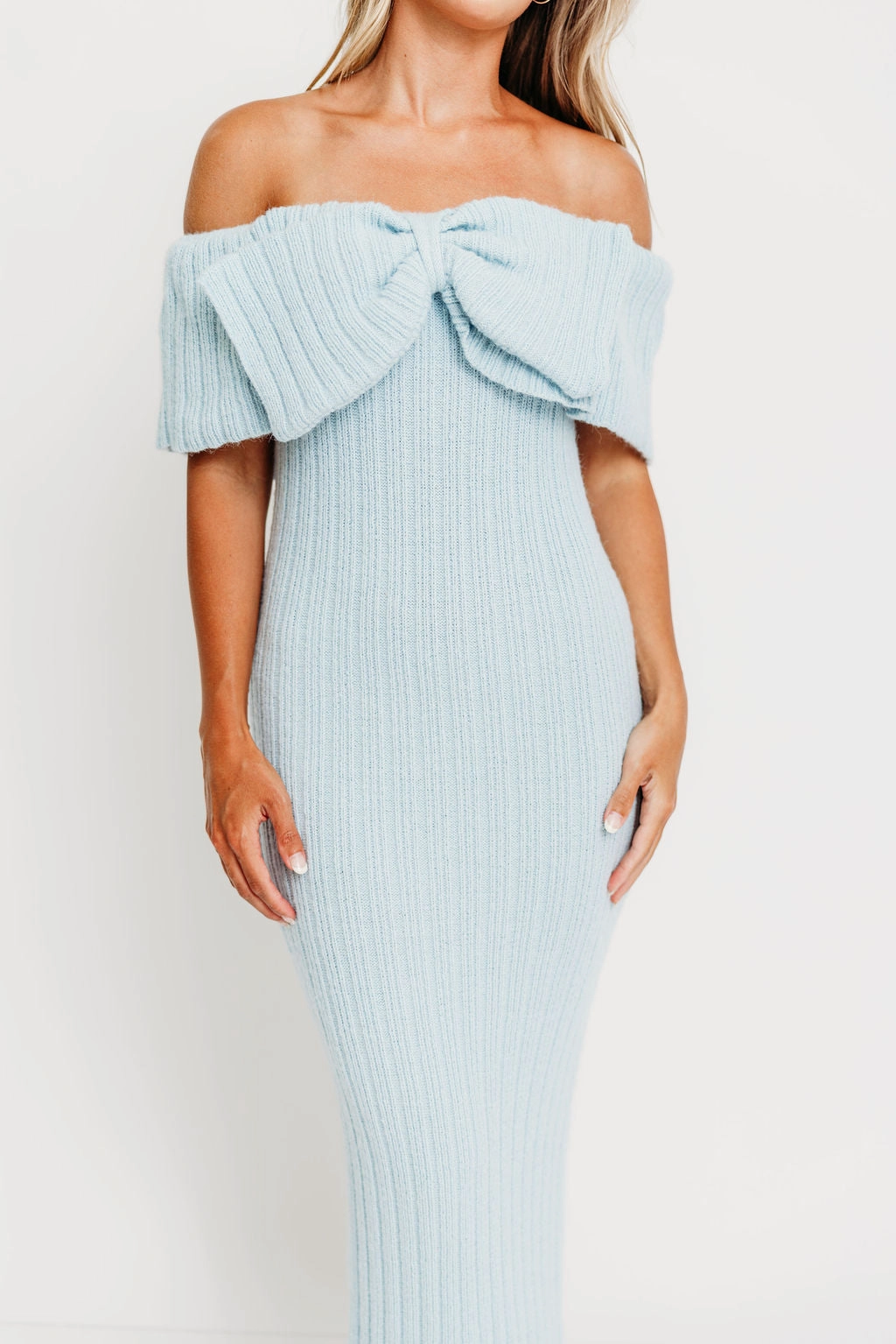 Simple yet sophisticated gown Fresh Outfit Aston Bow Front Maxi Sweater Dress in Ice Metal Bump Friendly & Inclusive Sizing (S-3XL)