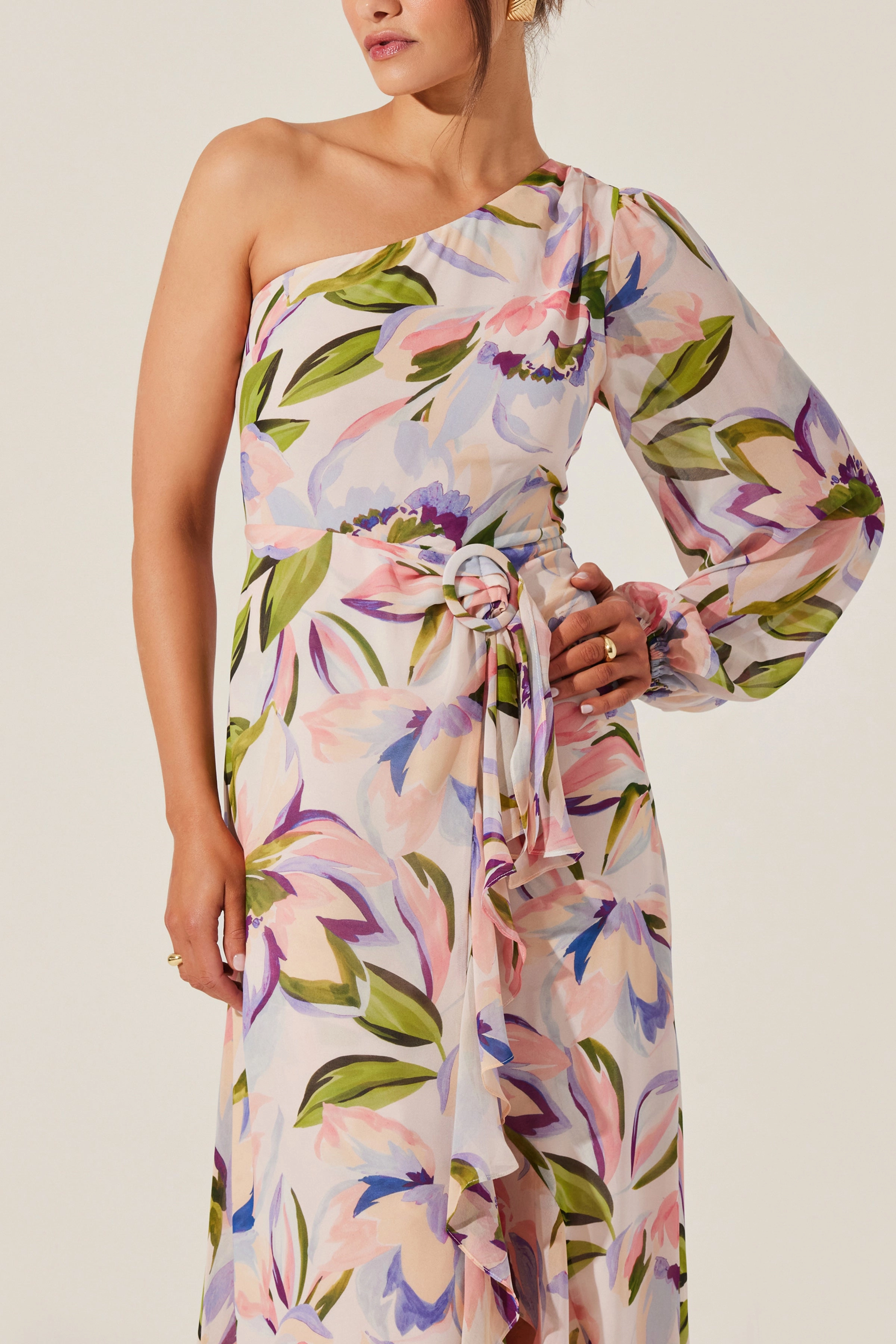 Bold colors Chilly Comfort Wear ASTR Sandersonia Floral One Shoulder Dress