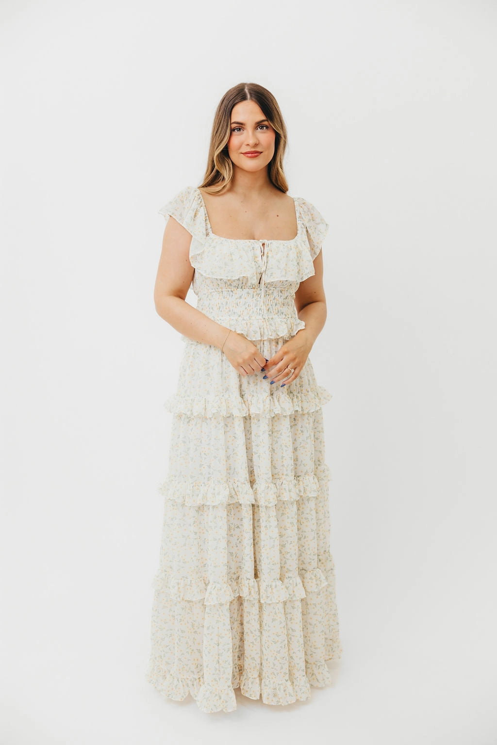 Comfortable shift dress Linen-Blend Astrid Ruffle Detail Maxi Dress in Yellow Floral  - Bump Friendly