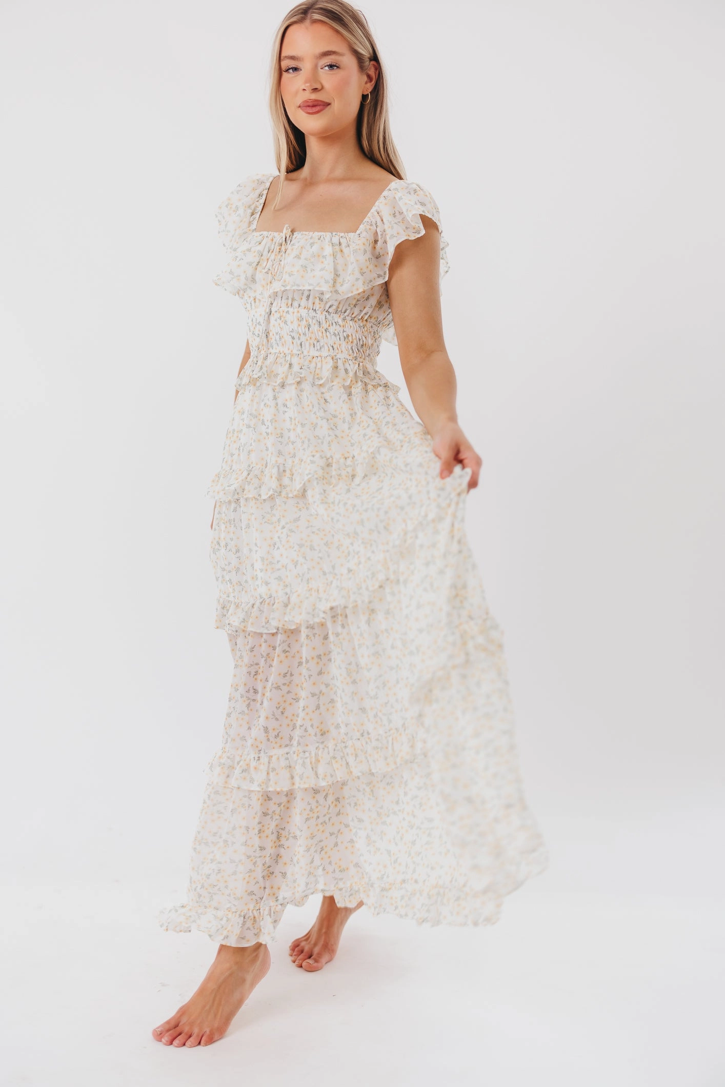 Romantic dinner wear Simplistic Mood Astrid Ruffle Detail Maxi Dress in Yellow Floral  - Bump Friendly