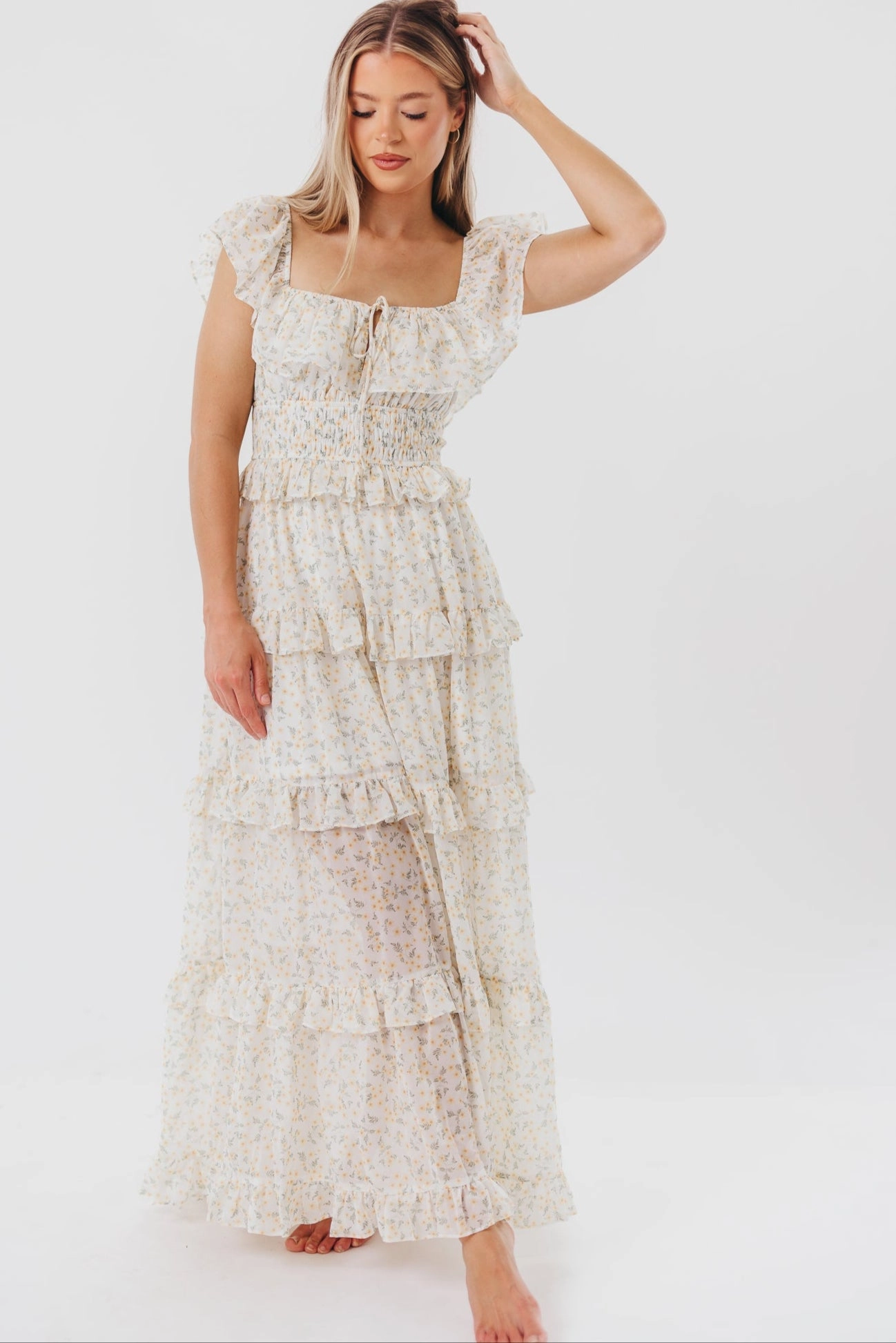Astrid Ruffle Detail Maxi Dress in Yellow Floral  - Bump Friendly Essential Style Sophisticated Appeal