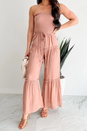 Glam Goddess Strapless Smocked Jumpsuit (Clay) RelaxedSilhouette