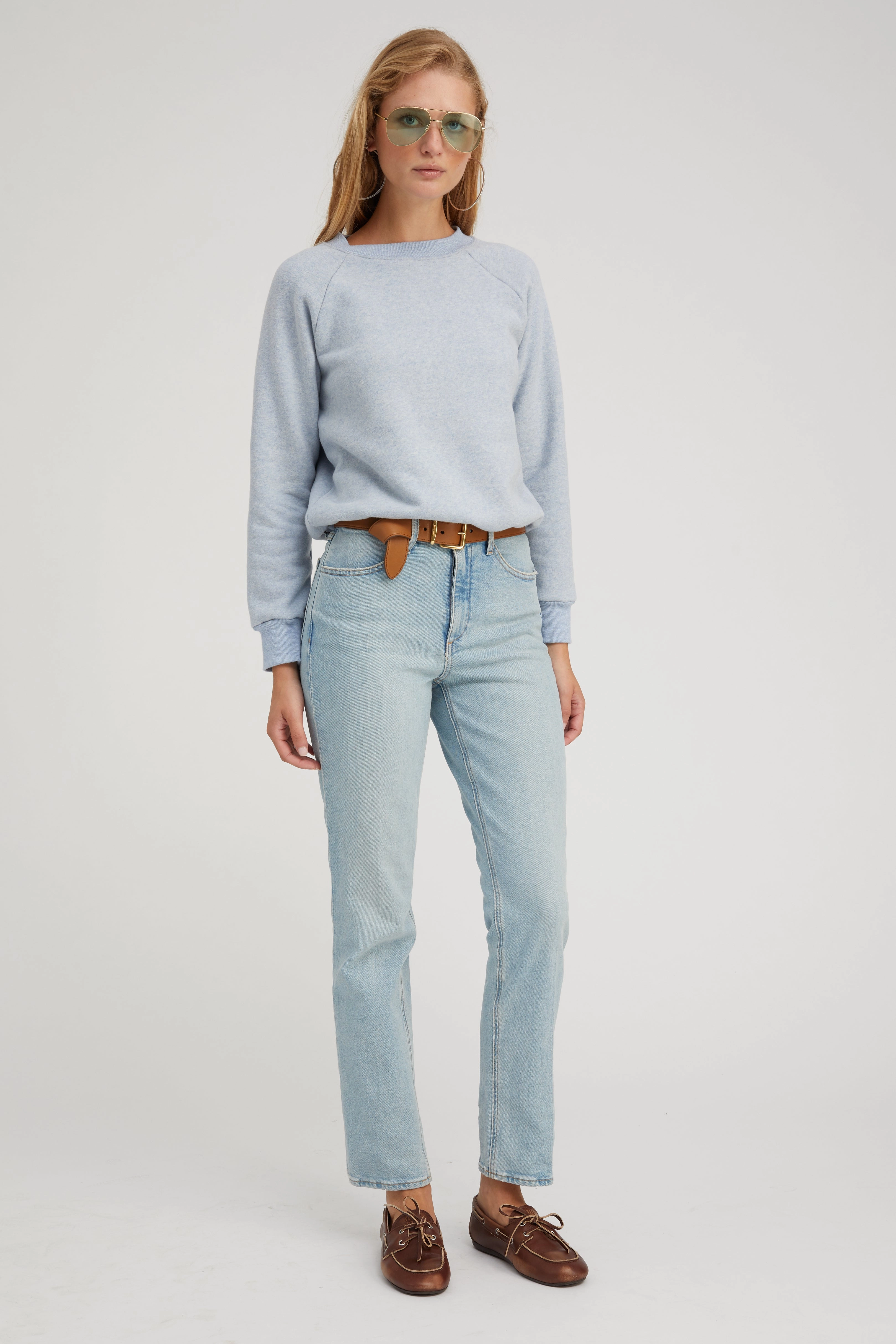 Ice Blue Melange Shrunken Raglan Sweatshirt Hybrid Fabric Blend Rolled Hem Detailing