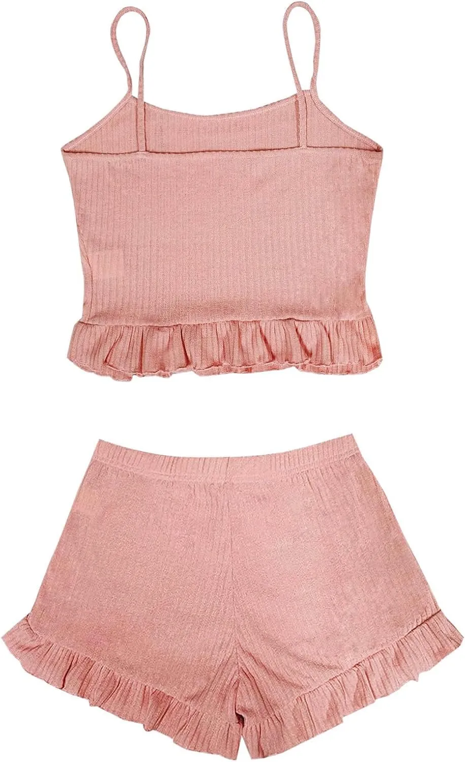 Avanova Women Ruffle Ribbed Knit Pajama Set Cami Top Shorts 2 Piece Sleepwear Set