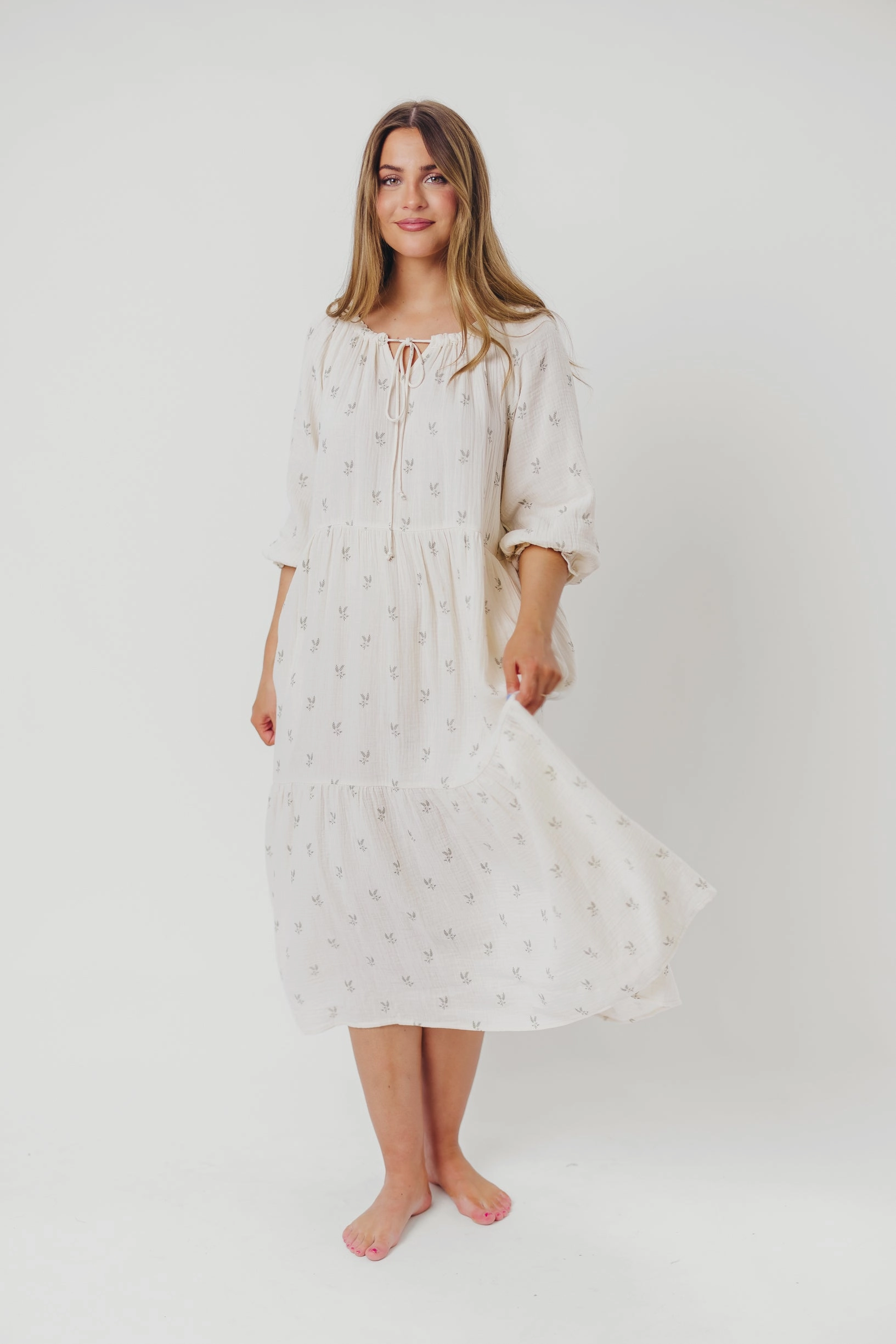 Avery Tiered Linen-Blend Midi Dress in Soy/Sage Foliage - Bump Friendly and Inclusive Sizing *Final-Sale* Lightweight Layer