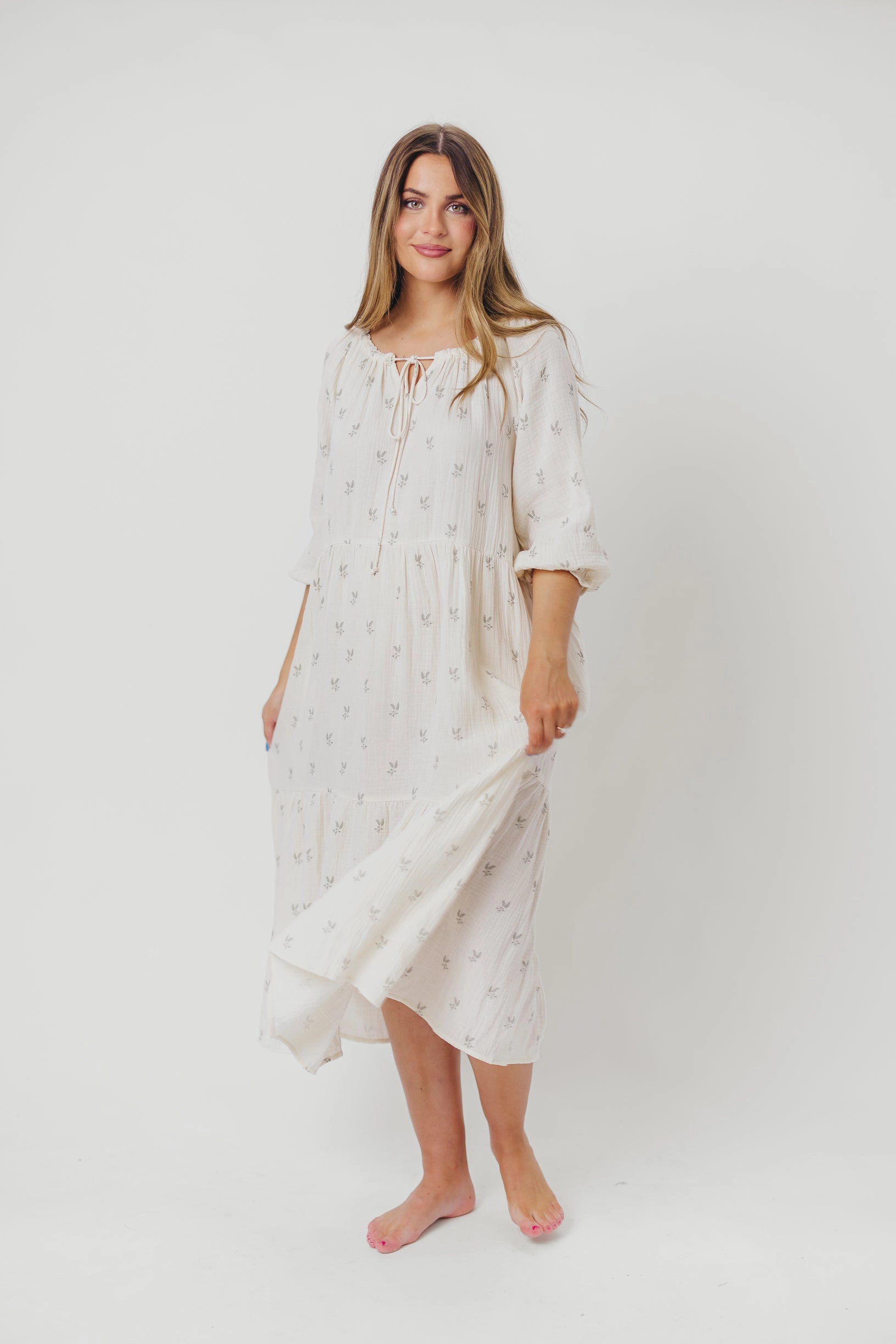 Texture Edge Avery Tiered Linen-Blend Midi Dress in Soy/Sage Foliage - Bump Friendly and Inclusive Sizing *Final-Sale*