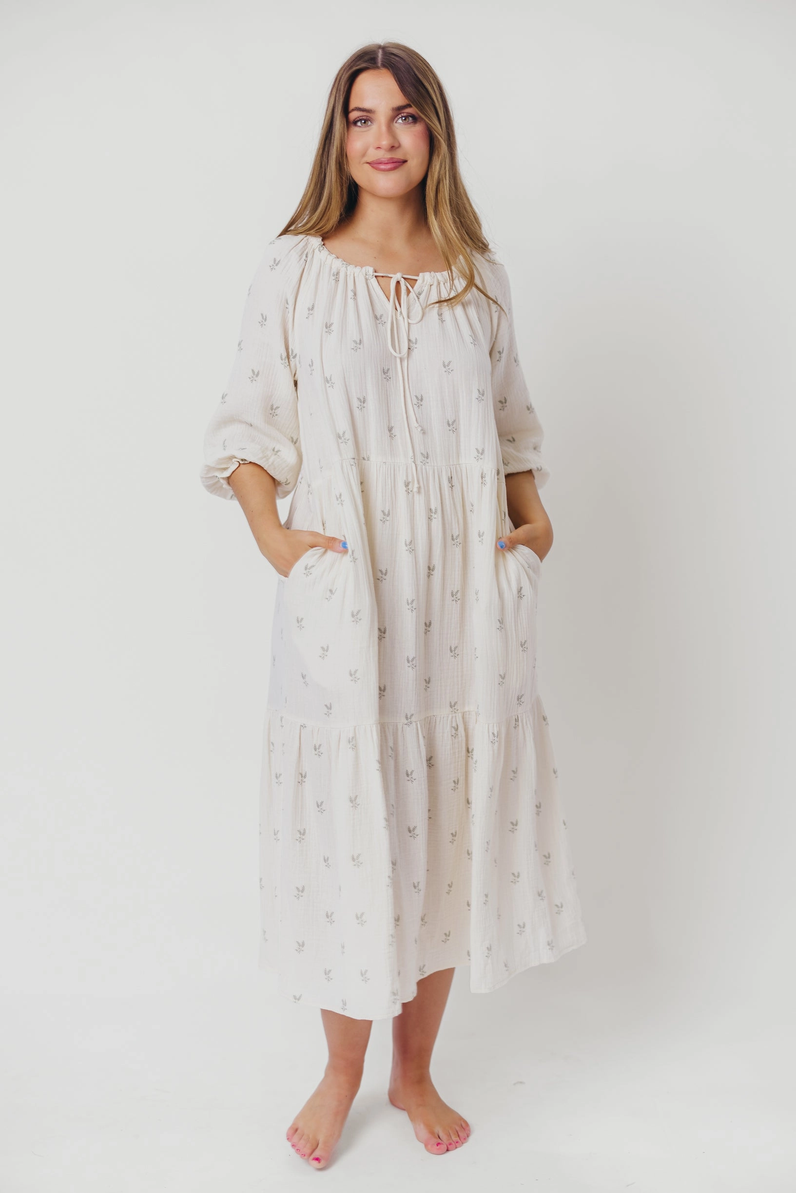 Avery Tiered Linen-Blend Midi Dress in Soy/Sage Foliage - Bump Friendly and Inclusive Sizing *Final-Sale* sweet moment