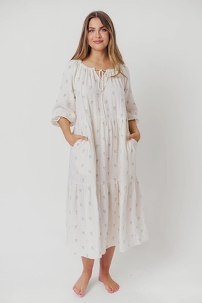 Avery Tiered Linen-Blend Midi Dress in Soy/Sage Foliage - Bump Friendly and Inclusive Sizing *Final-Sale* sweet moment