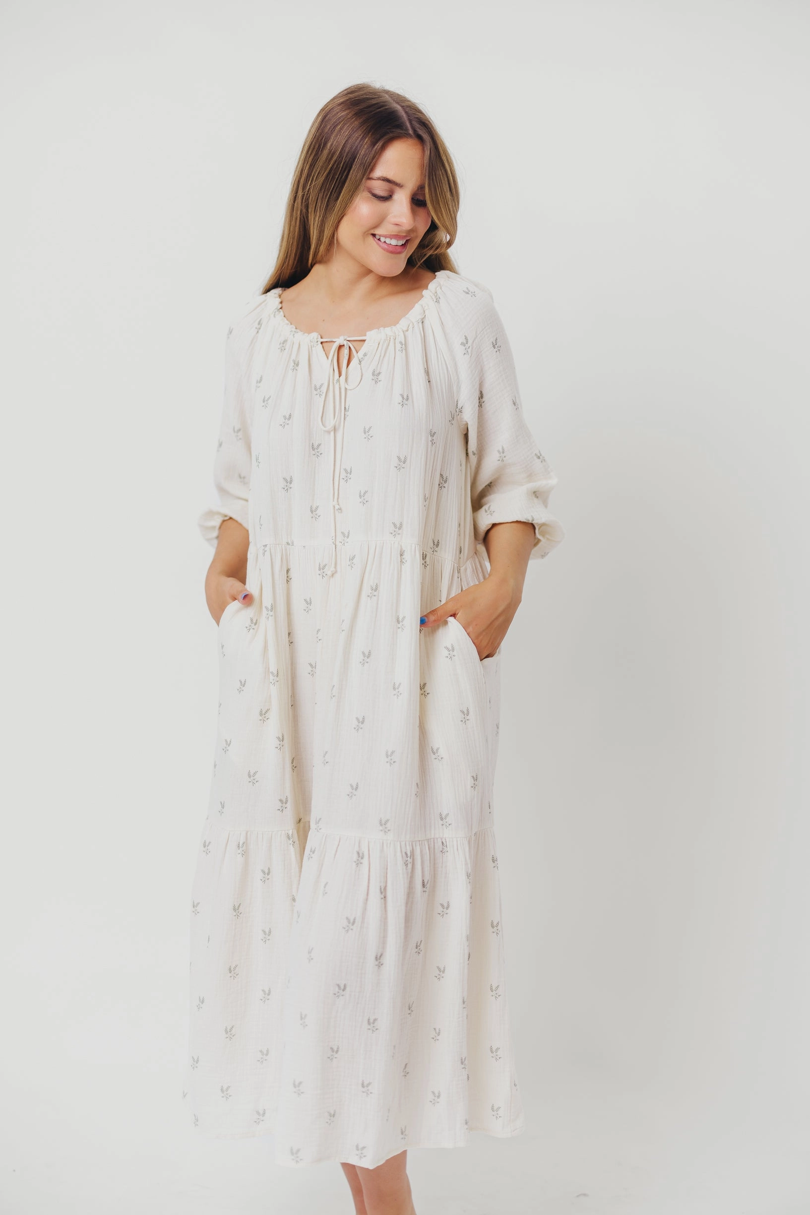 Avery Tiered Linen-Blend Midi Dress in Soy/Sage Foliage - Bump Friendly and Inclusive Sizing *Final-Sale* Chic Harmony Everyday Comfort