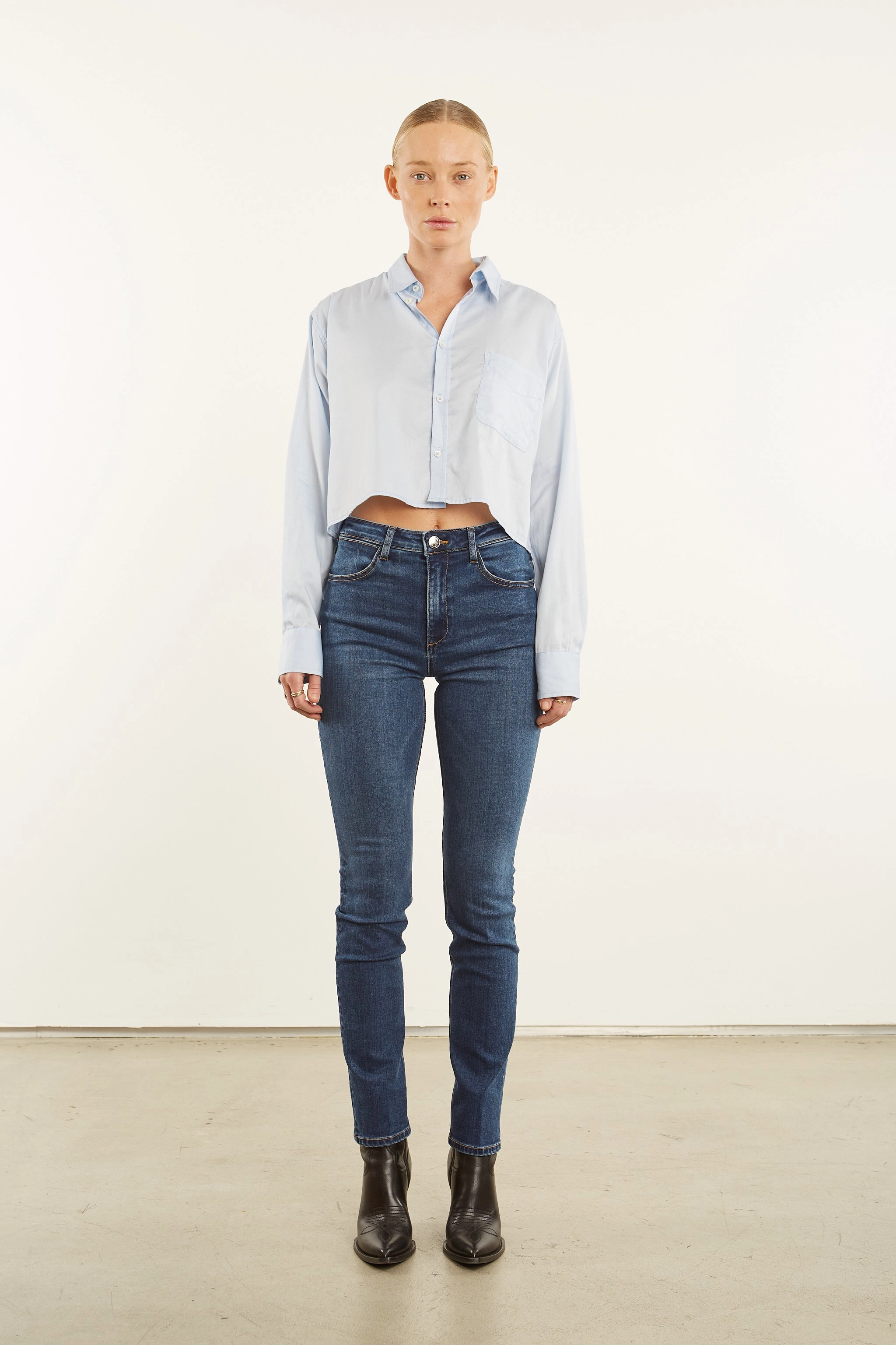 Baby Blue Cropped Button Down Ergonomic Shoulder Cut