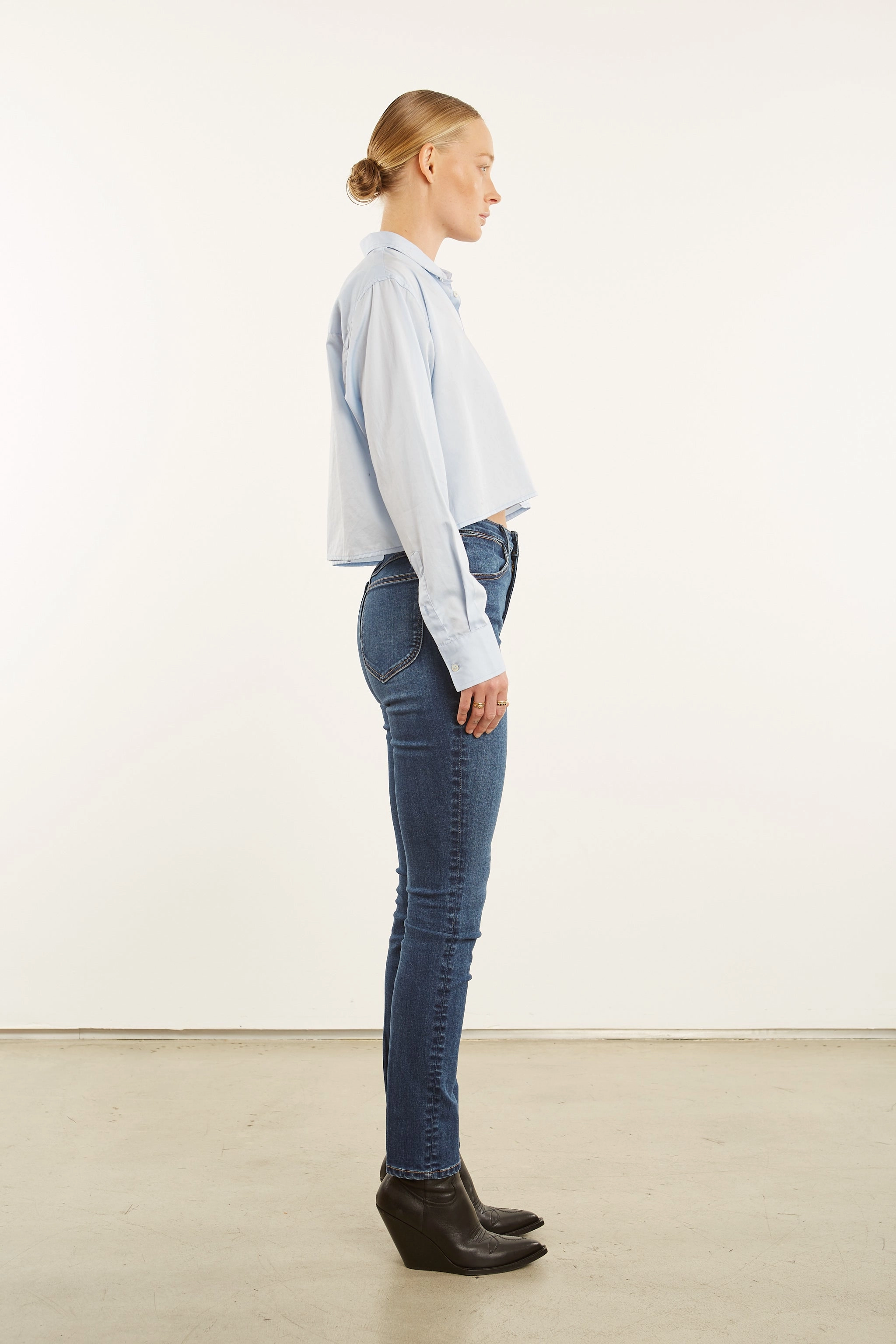Taped Neckline Baby Blue Cropped Button Down