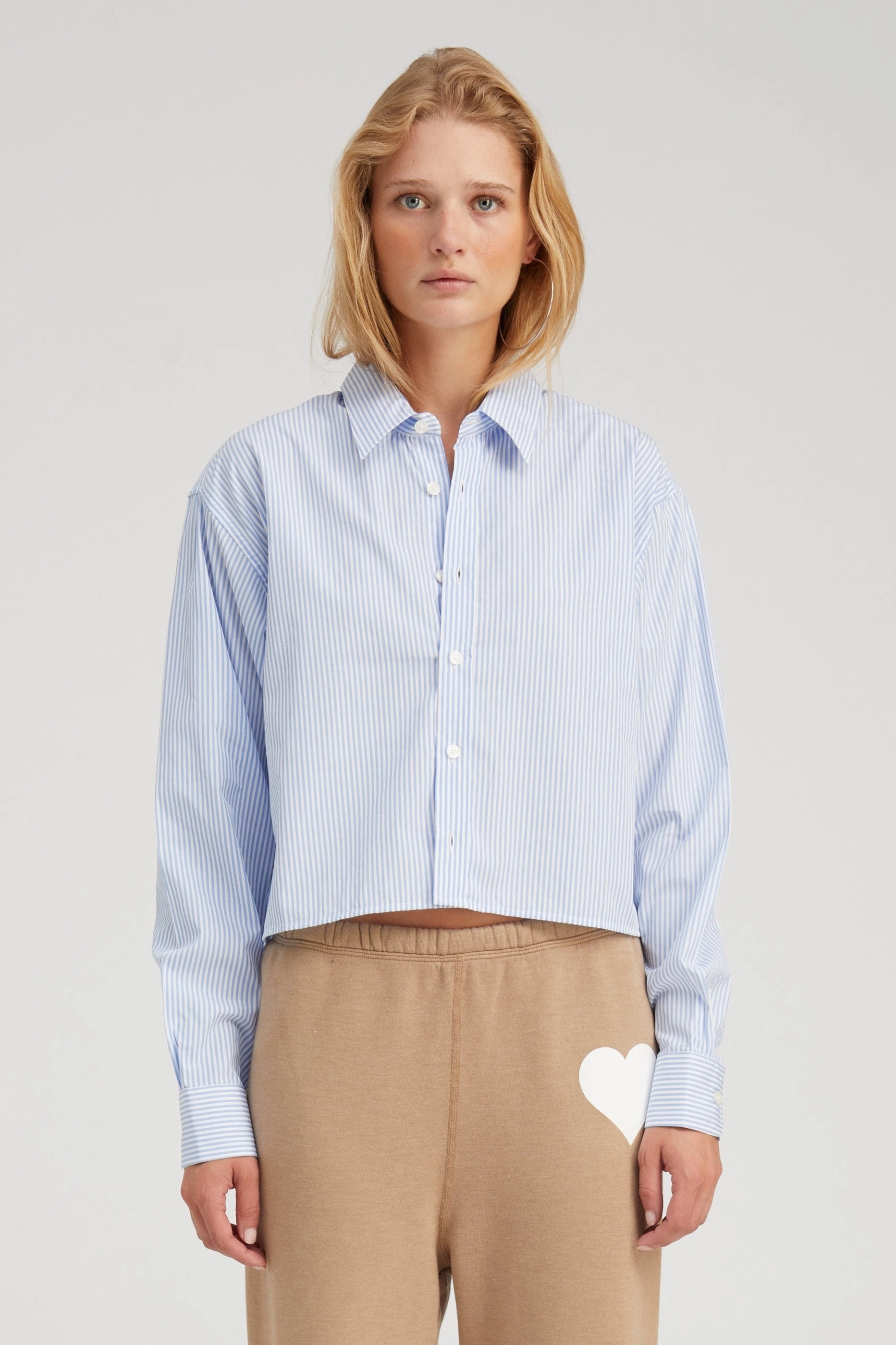 Baby Blue Striped Cropped Button Down MultiPanelDesign Four Way Stretch Material