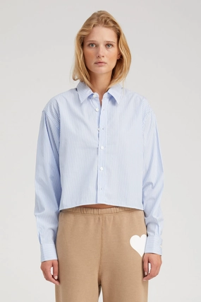 Baby Blue Striped Cropped Button Down MultiPanelDesign Four Way Stretch Material