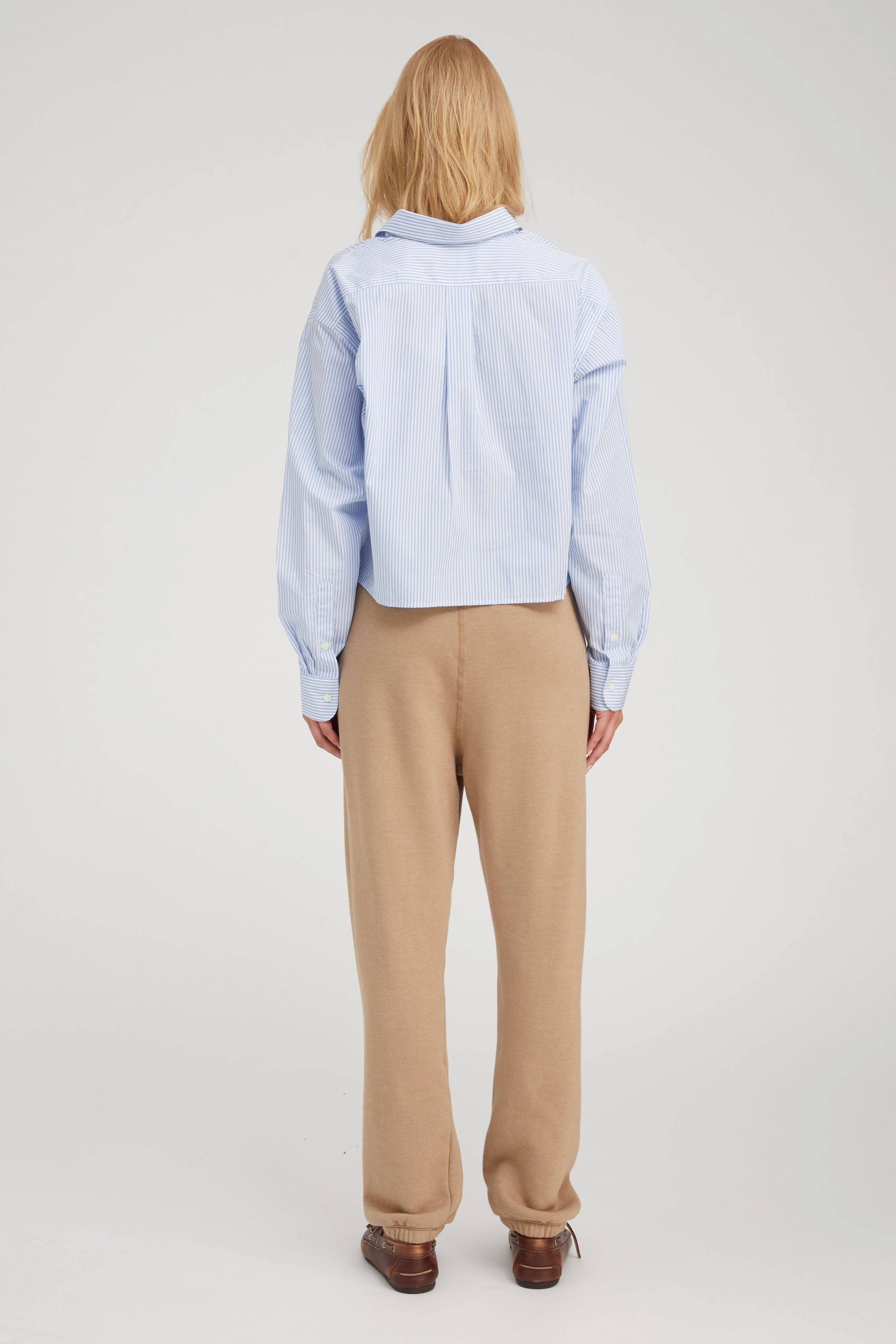 WrinkleResistantFinish BreathableFabric Baby Blue Striped Cropped Button Down