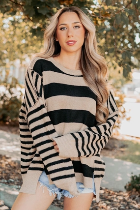 Backseat Glam Long Sleeve Stripe Sweater (Sand Black) Stylish T-shirt FourWay Stretch