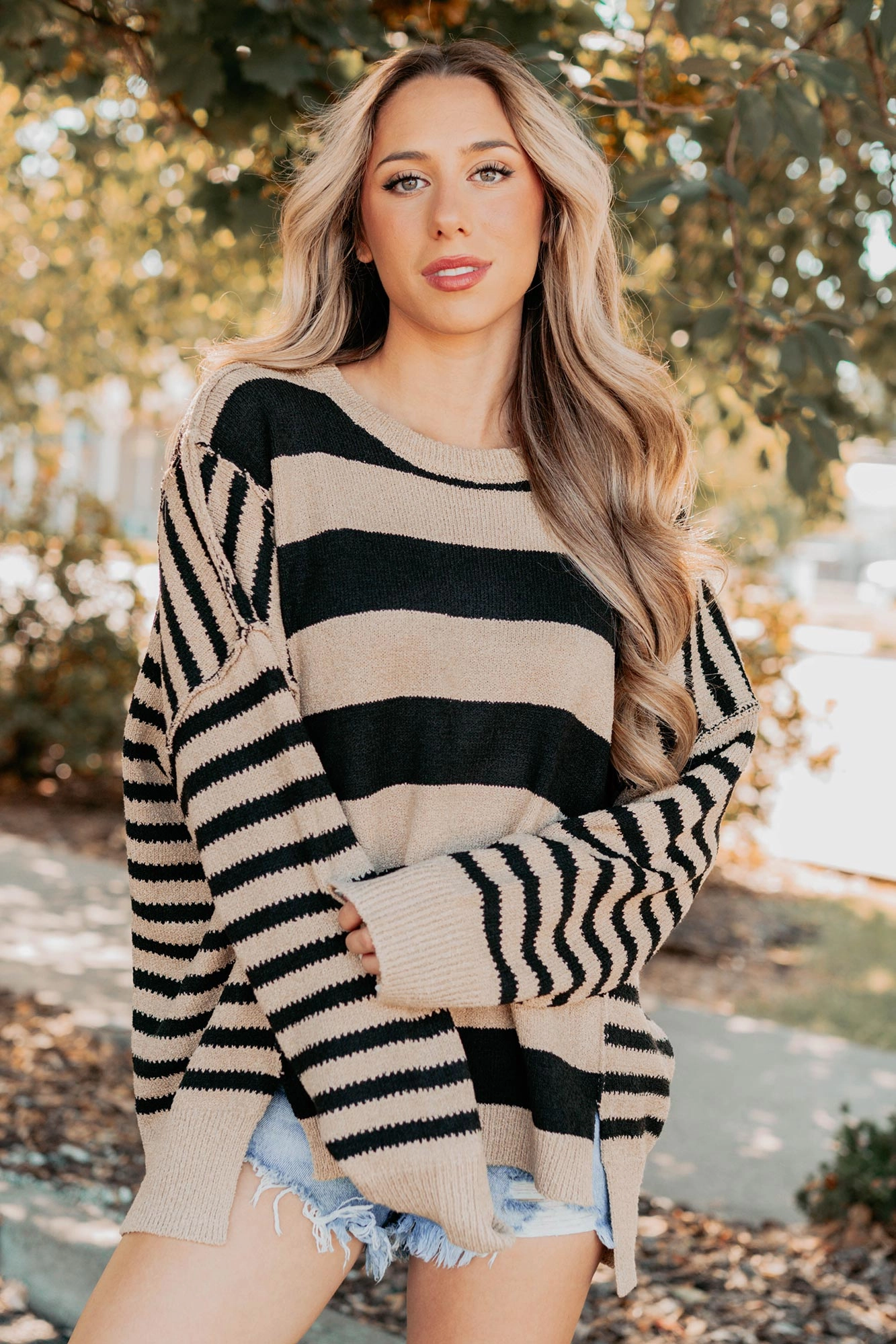 Backseat Glam Long Sleeve Stripe Sweater (Sand Black) Stylish T-shirt FourWay Stretch