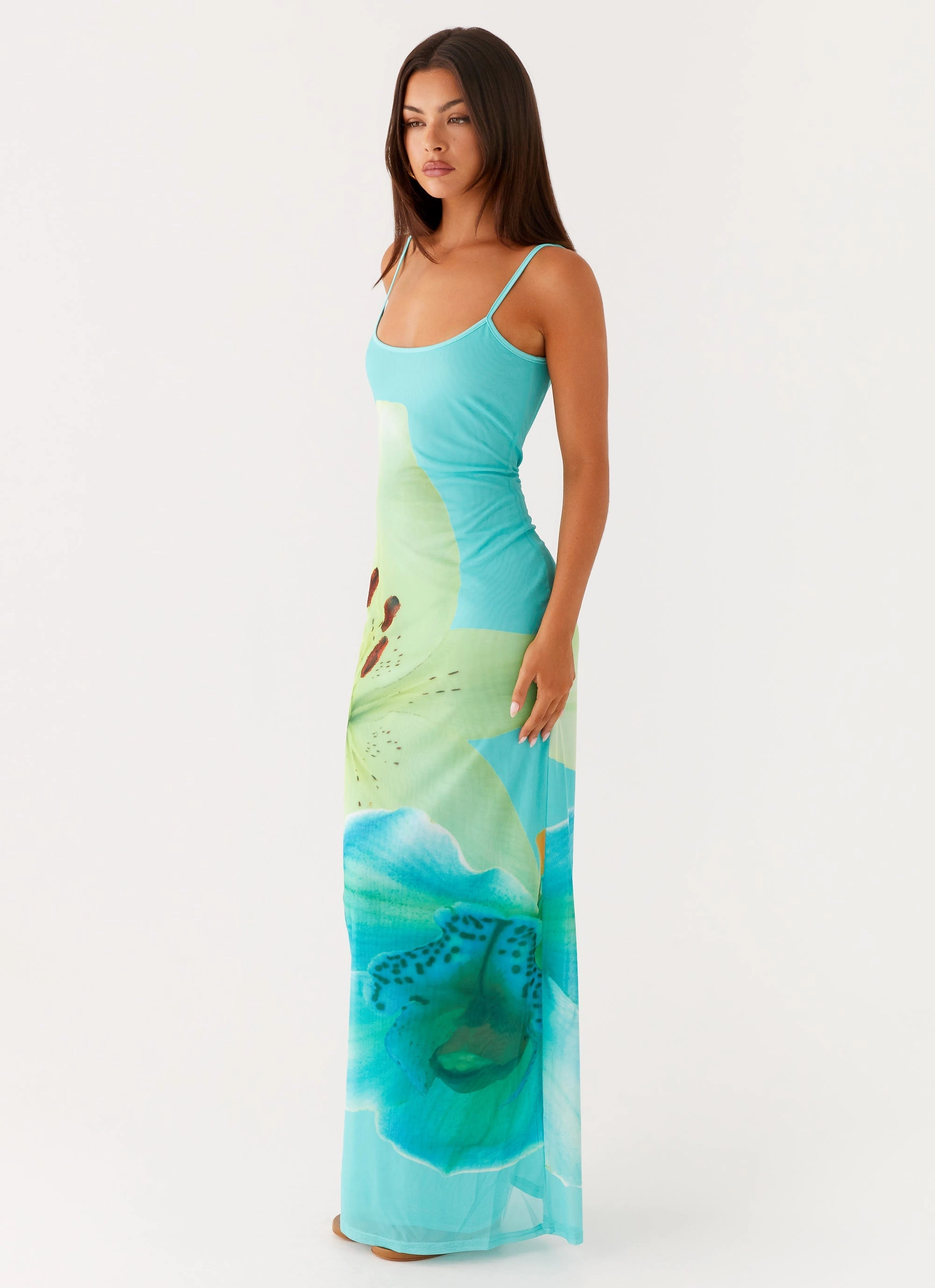 Street Vibe Bad News Mesh Maxi Dress - Turquoise Floral
