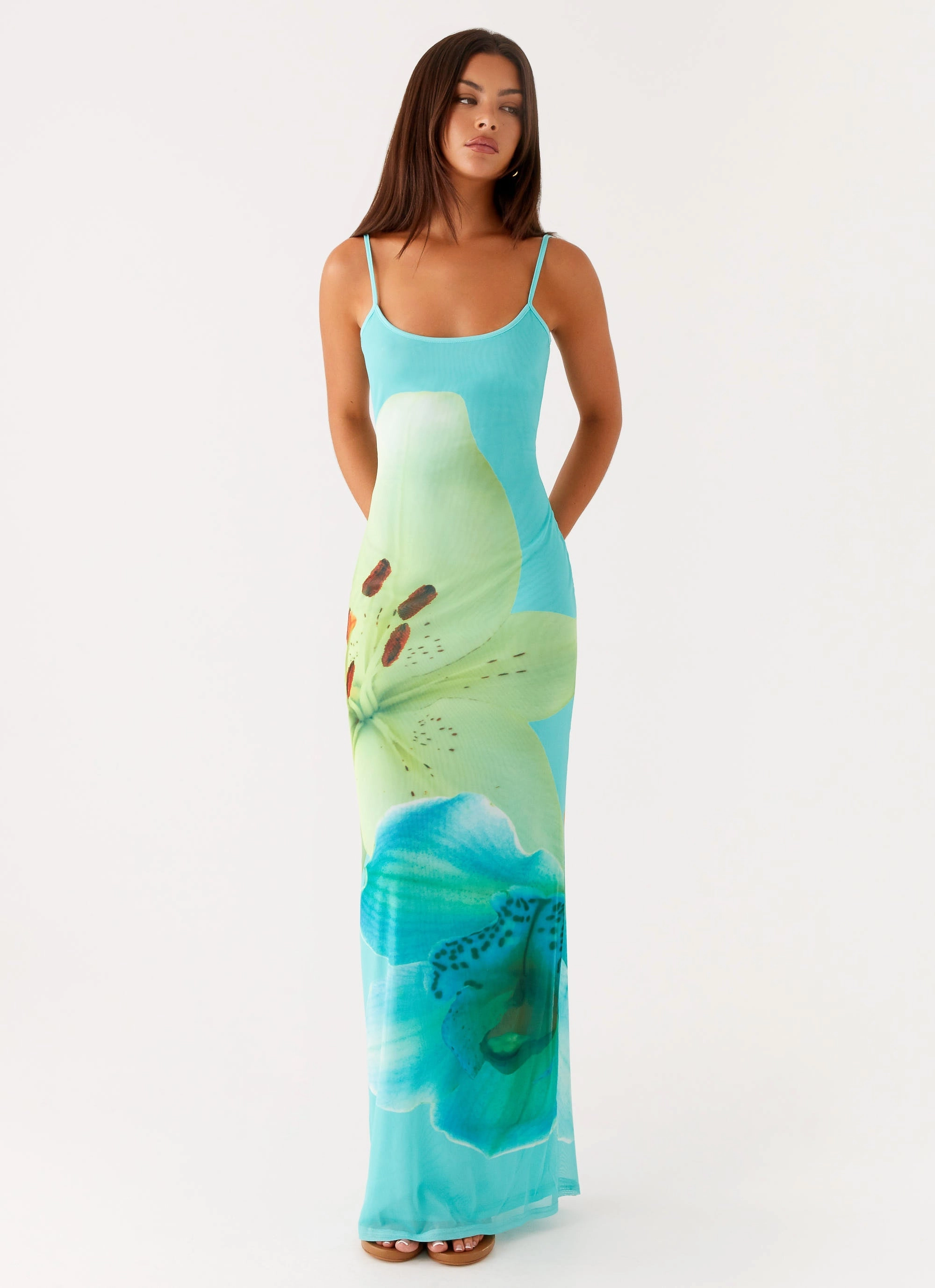 Bad News Mesh Maxi Dress - Turquoise Floral Velvet-Edge