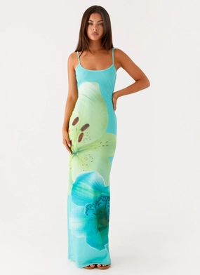 Evening Look Soft color Bad News Mesh Maxi Dress - Turquoise Floral