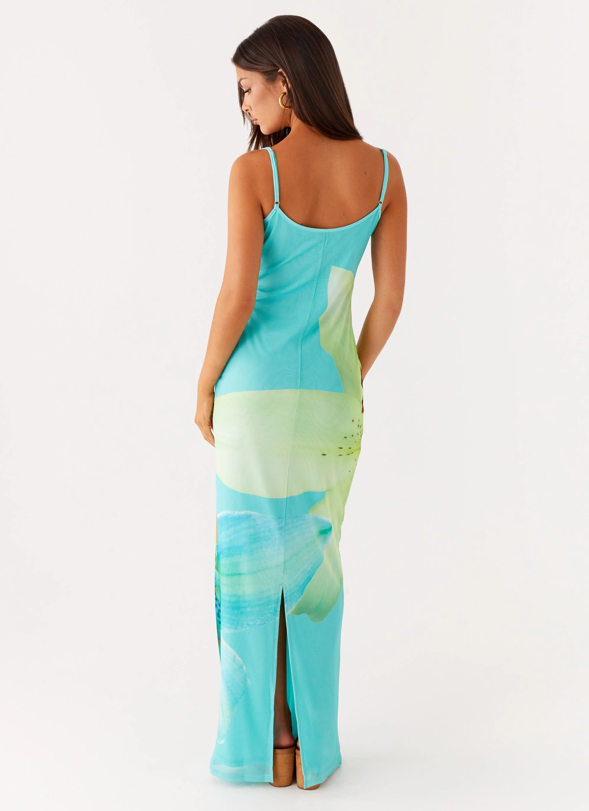 Bad News Mesh Maxi Dress - Turquoise Floral Easy Mood Drapey Fabric