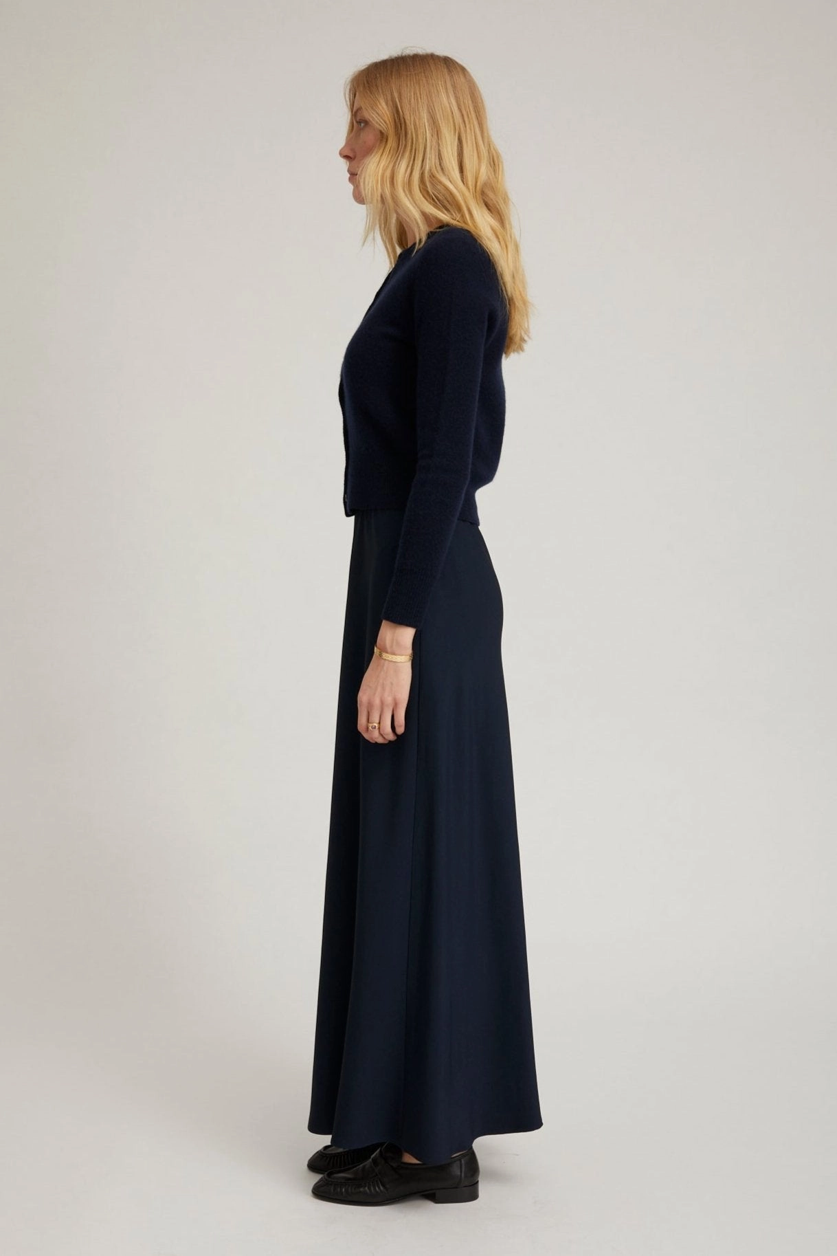 Navy Crepe Bias Maxi Skirt Layered Hem