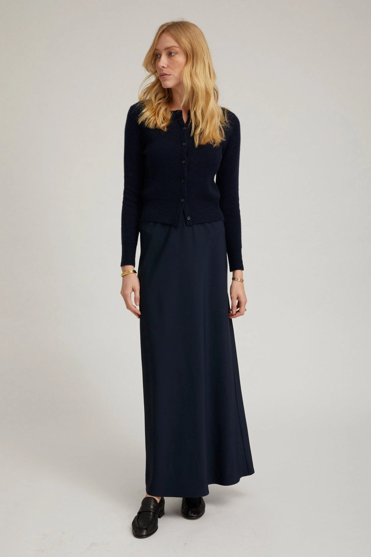 Navy Crepe Bias Maxi Skirt Machine washable Elegant Look
