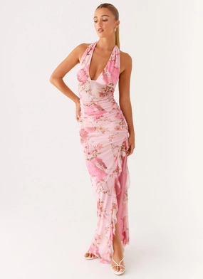 Seasonal Fit Chic Comfort Look Micca Halter Maxi Dress - Pink Floral Print