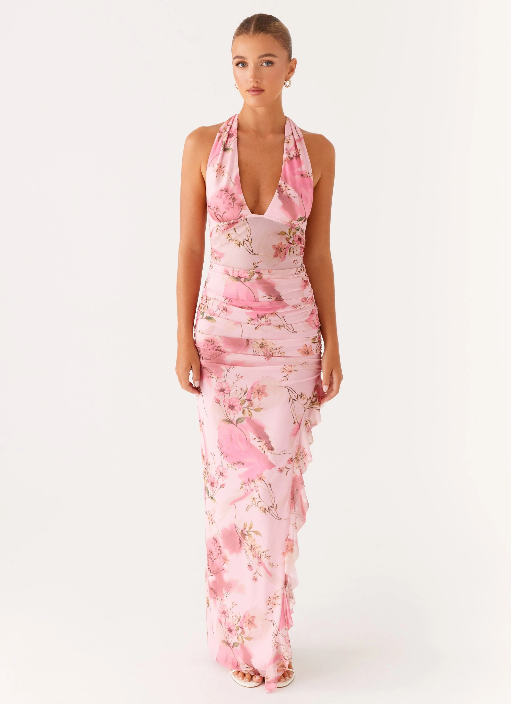 Micca Halter Maxi Dress - Pink Floral Print Workwear Comfort Smile Soft