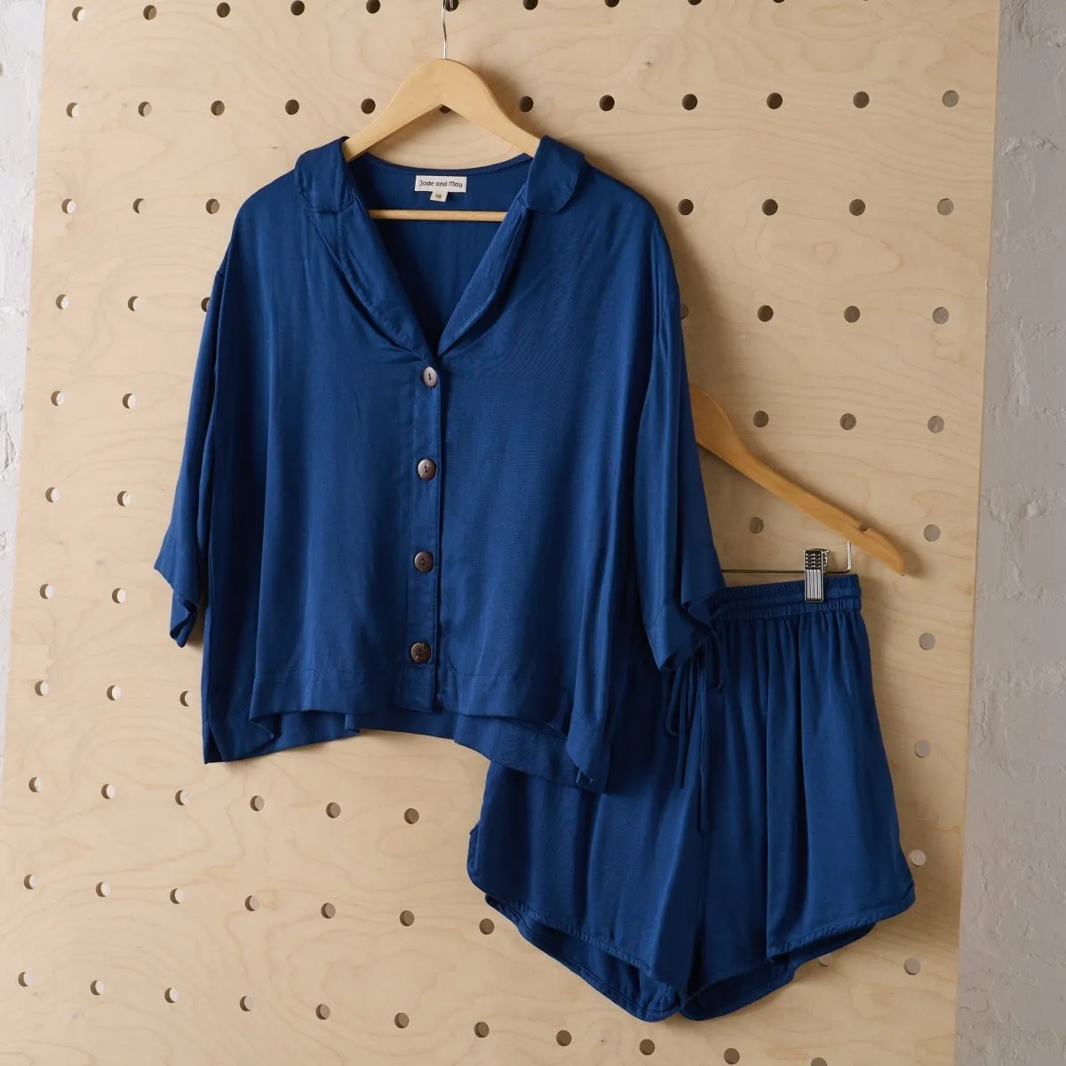 Bamboo Pyjamas - Crop Button Up   Short PJ Set in Navy
