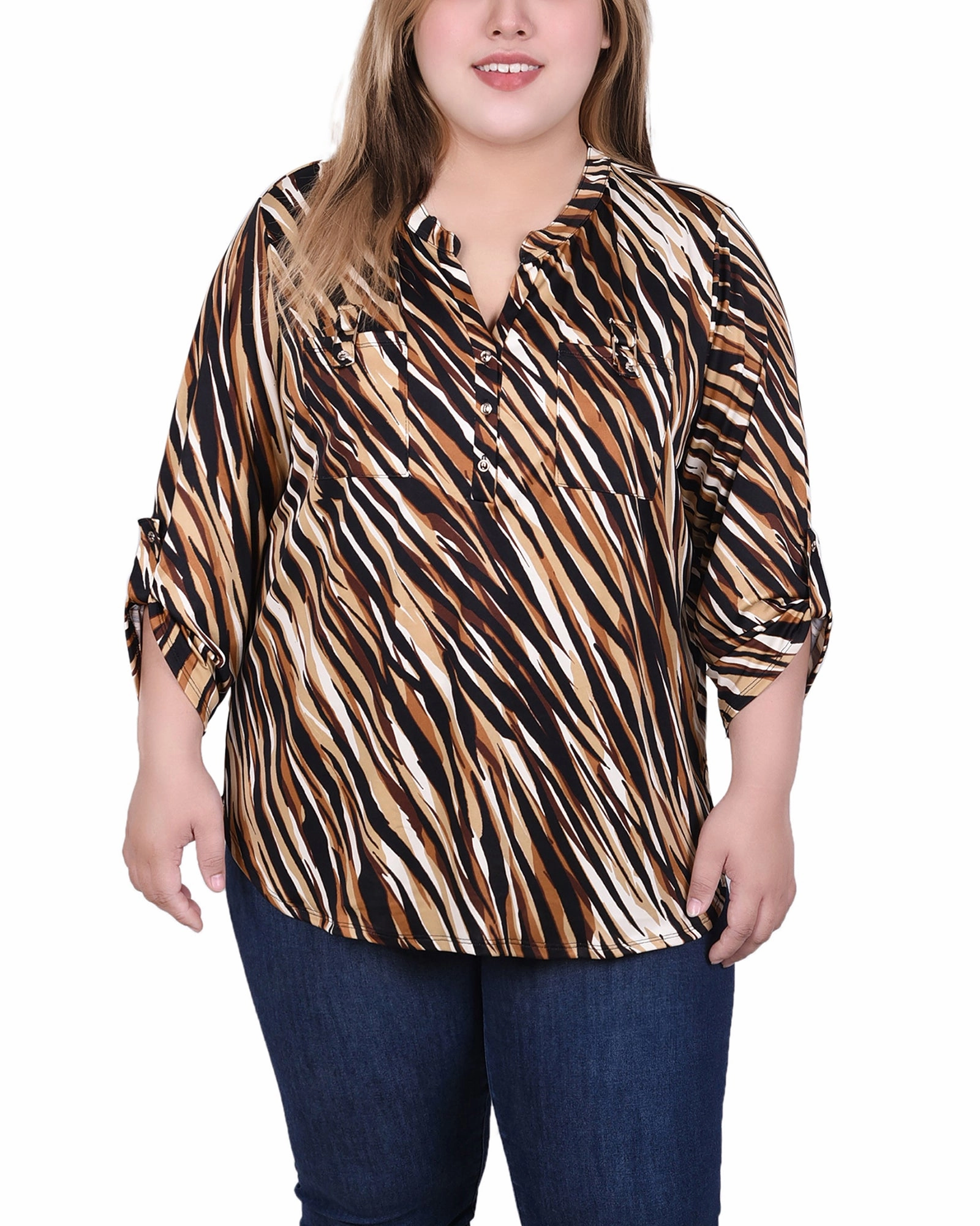 Long Tab-Sleeve Top With Pockets MeshPanelIntegration FlatlockStitching