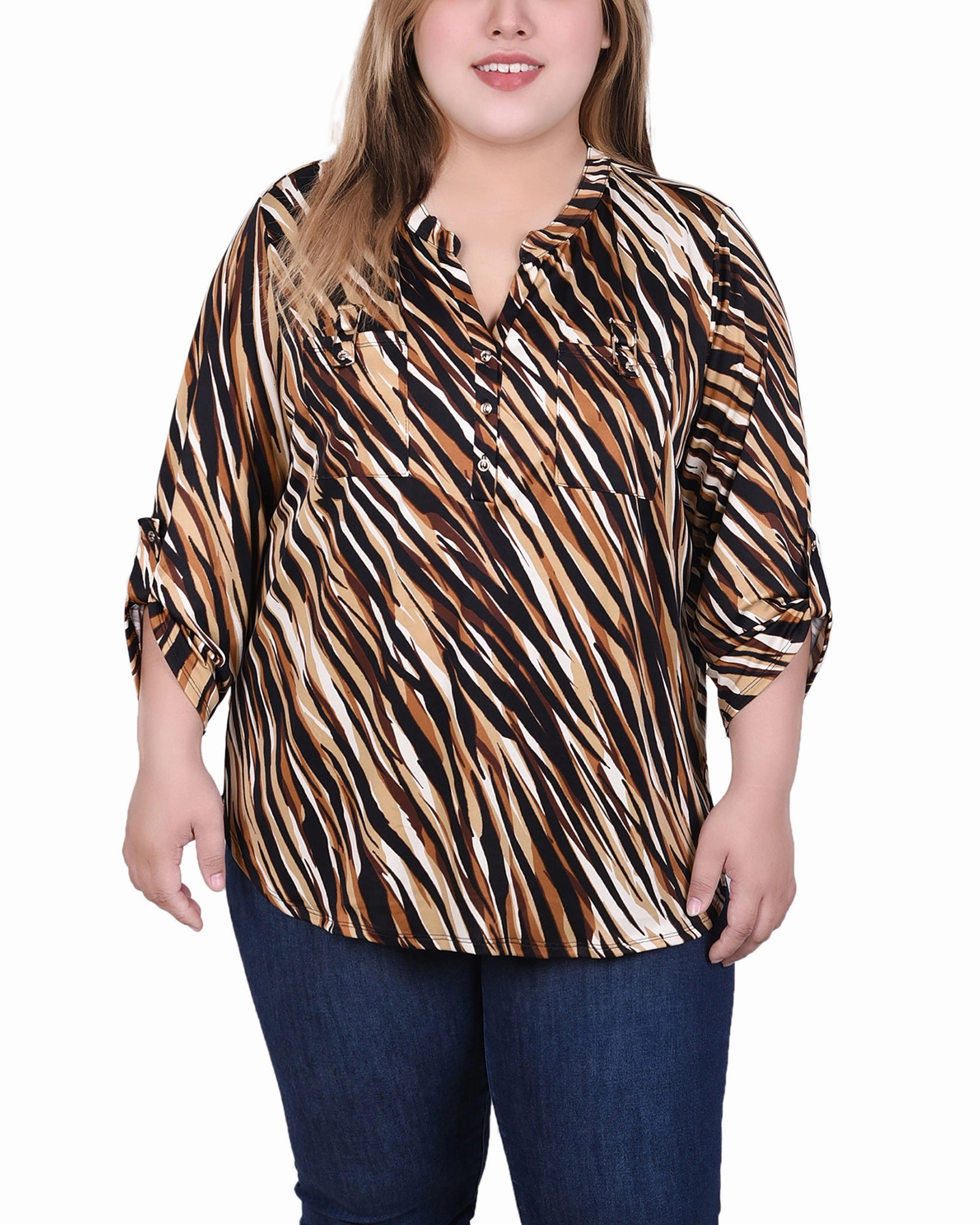 UV protection layer Long Tab-Sleeve Top With Pockets