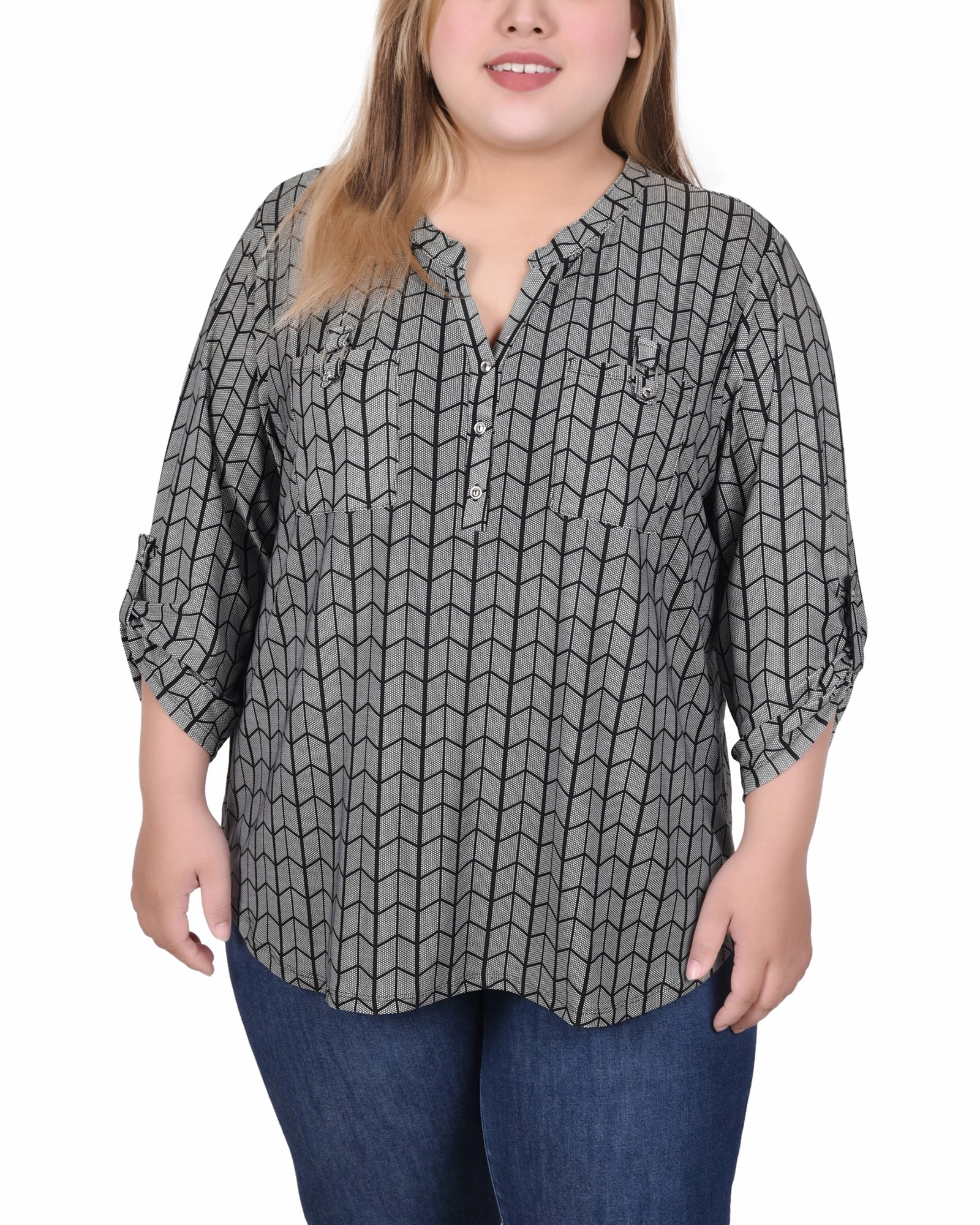 Scoop Neck Shape Flexible Knit Long Tab-Sleeve Top With Pockets