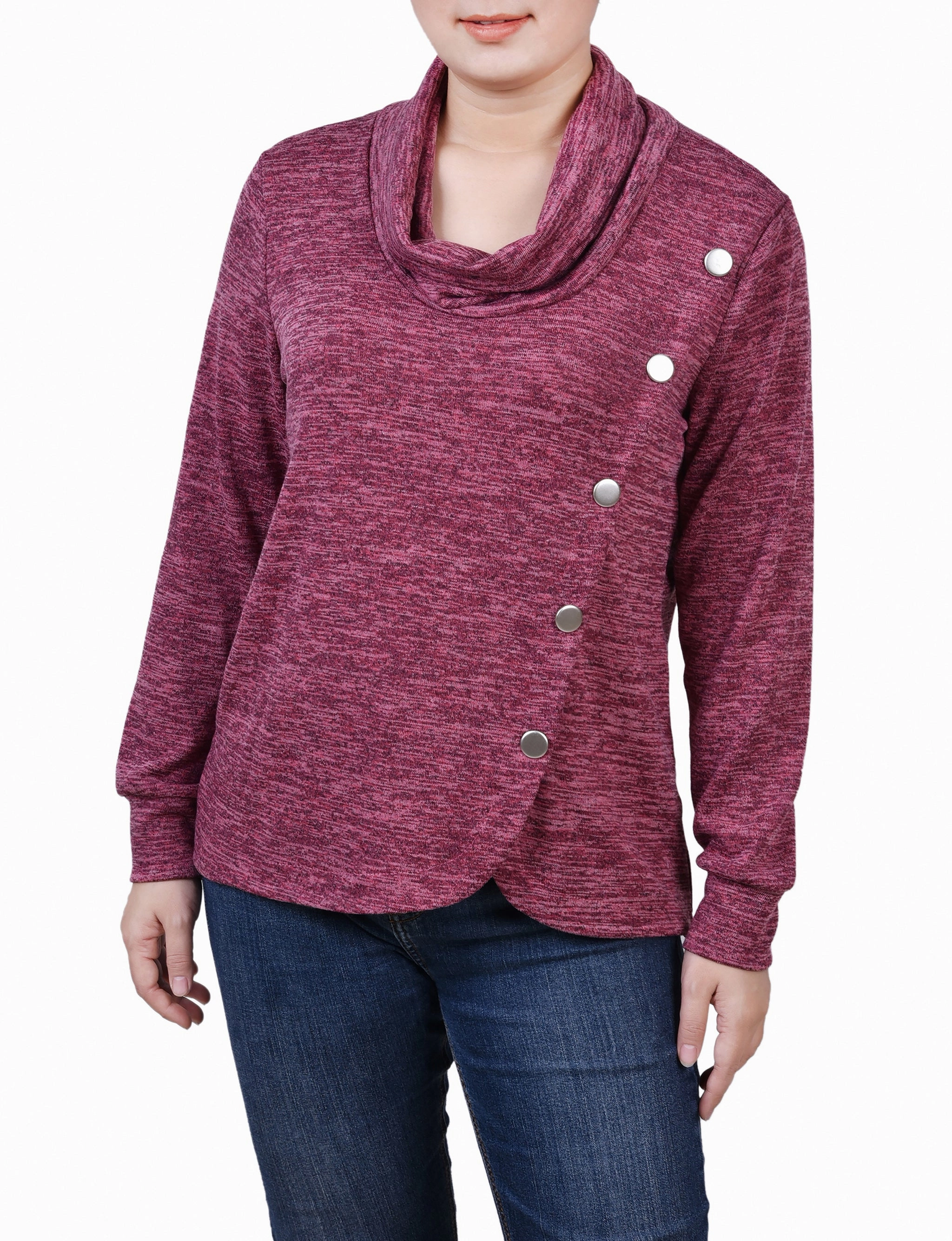 Petite Long Sleeve Overlapping Cowl Neck Top AdjustableClosure