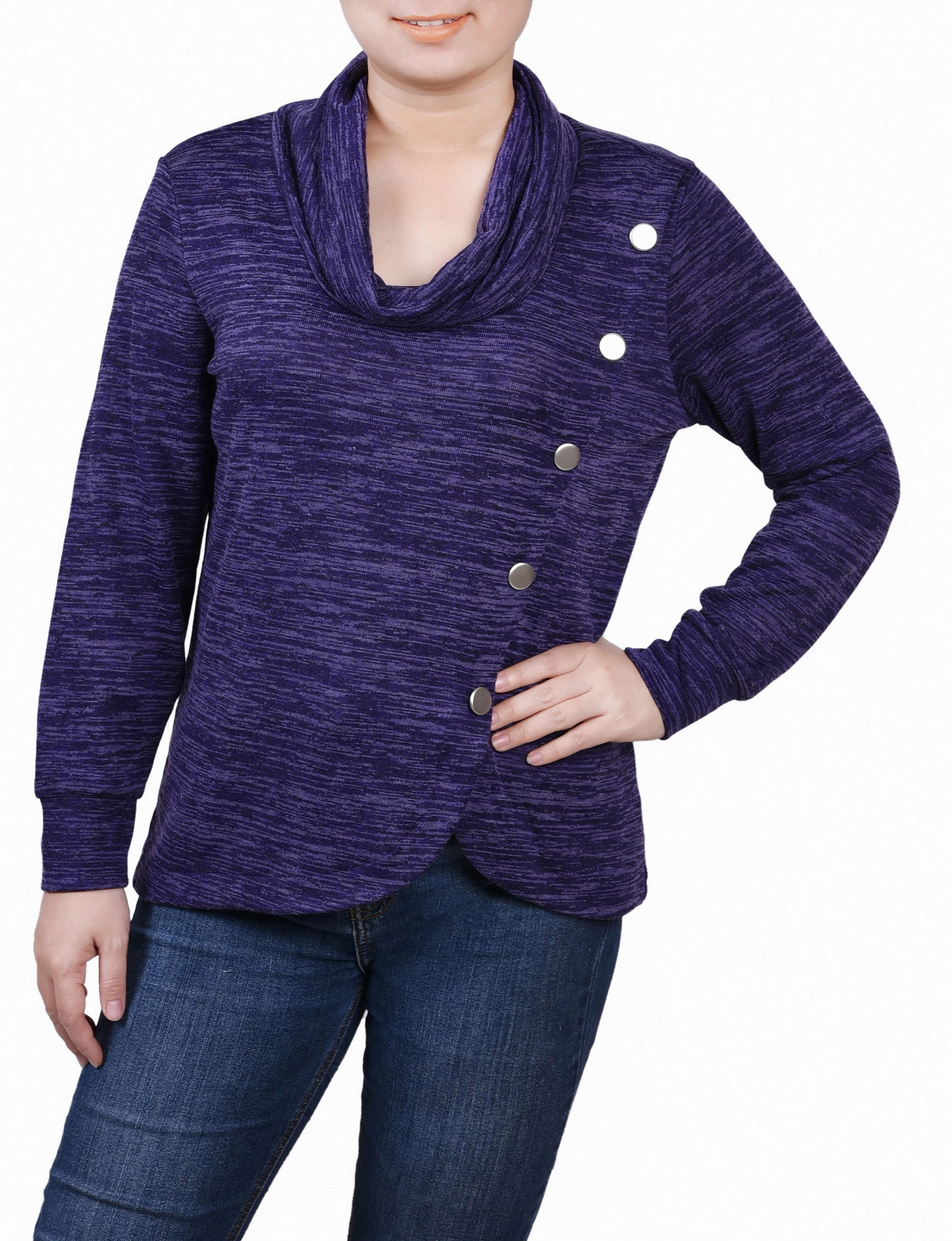 MicrofiberTech Petite Long Sleeve Overlapping Cowl Neck Top