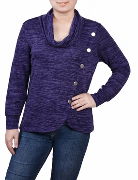 MicrofiberTech Petite Long Sleeve Overlapping Cowl Neck Top