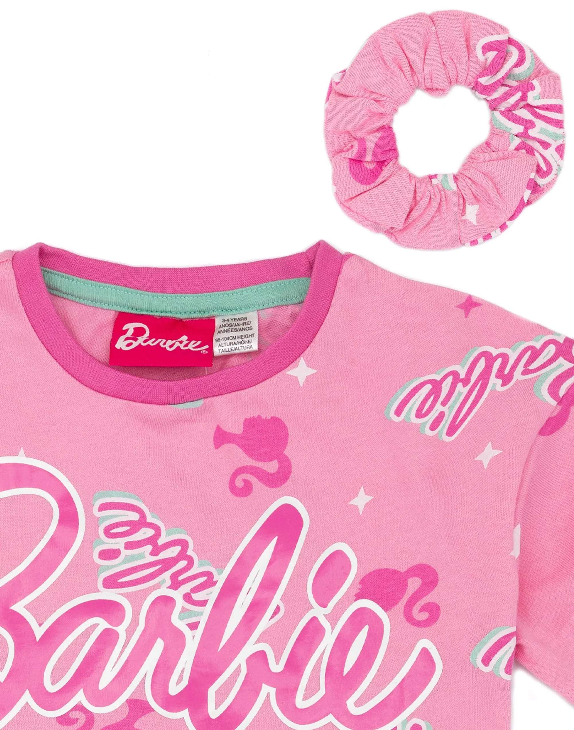 Barbie Girls Pink T-Shirt And Shorts Pyjamas With Scrunchie Set