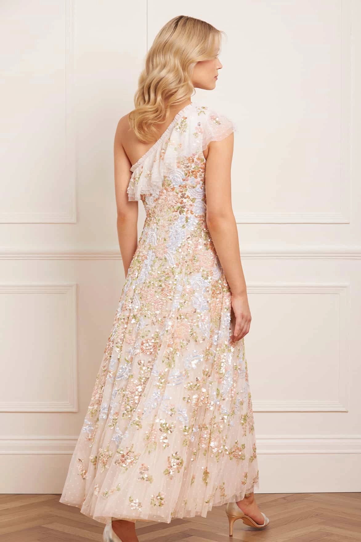 Chilly Day Layers Brunch Tone Baroque Floral One-Shoulder Ankle Gown
