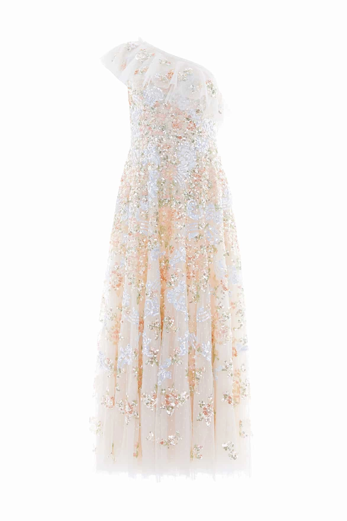 Motion Light Baroque Floral One-Shoulder Ankle Gown