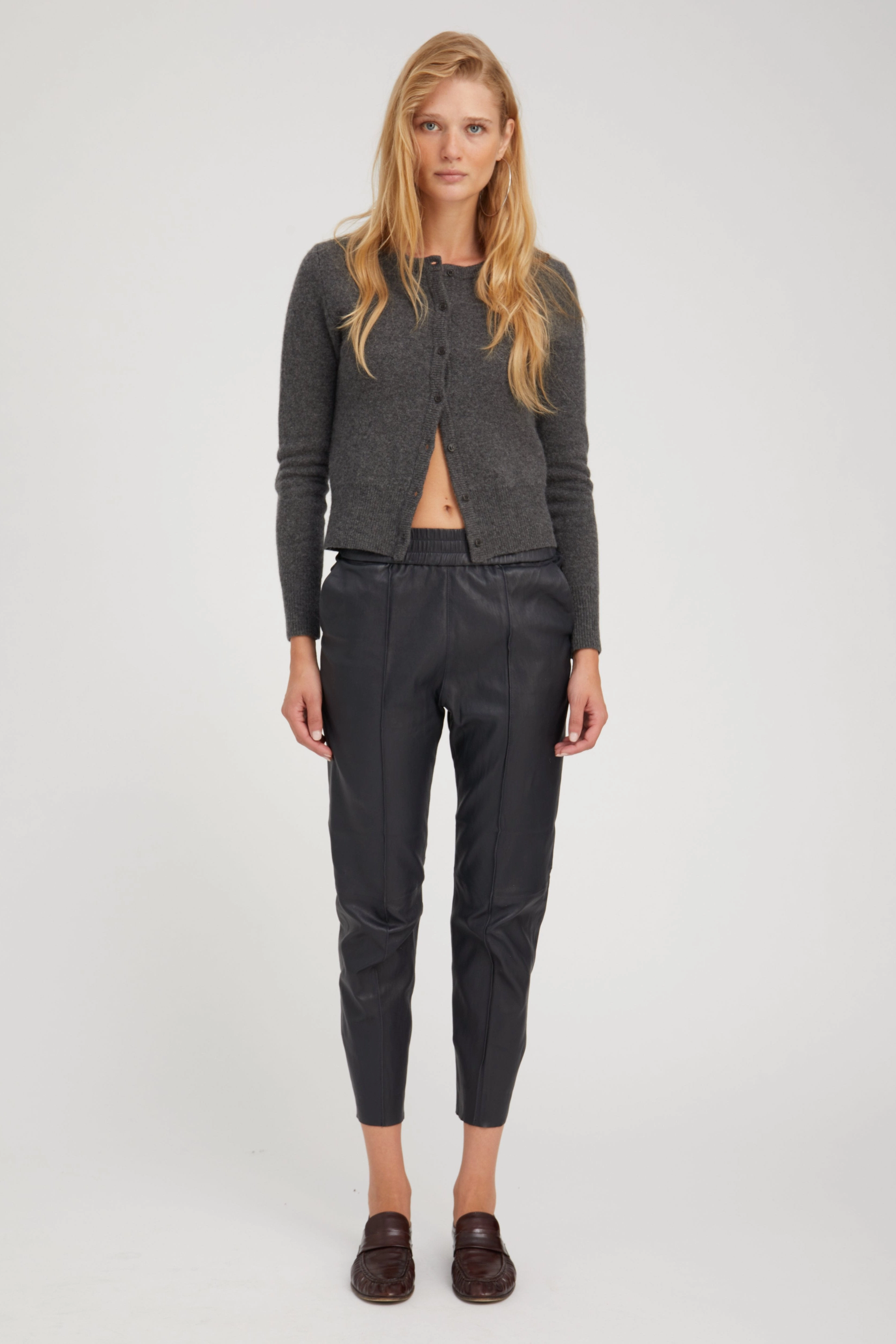 Navy Leather Joggers Low-rise style