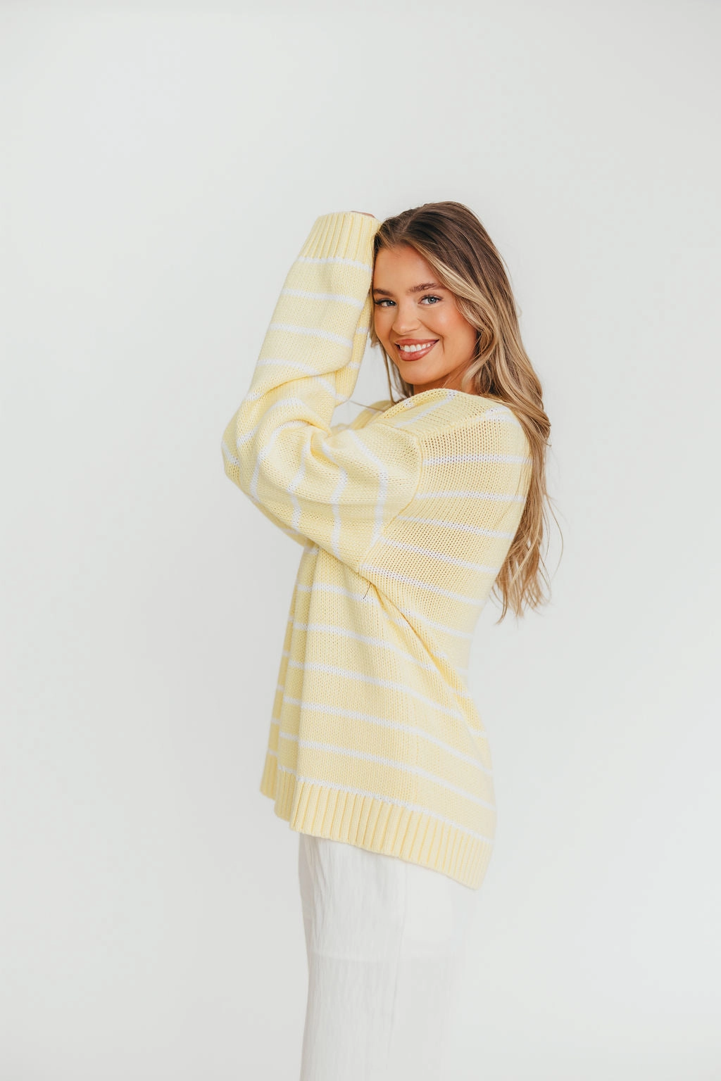 Reflective Trim Details Anti Pill Surface Bayside Sweater in Banana Stripe