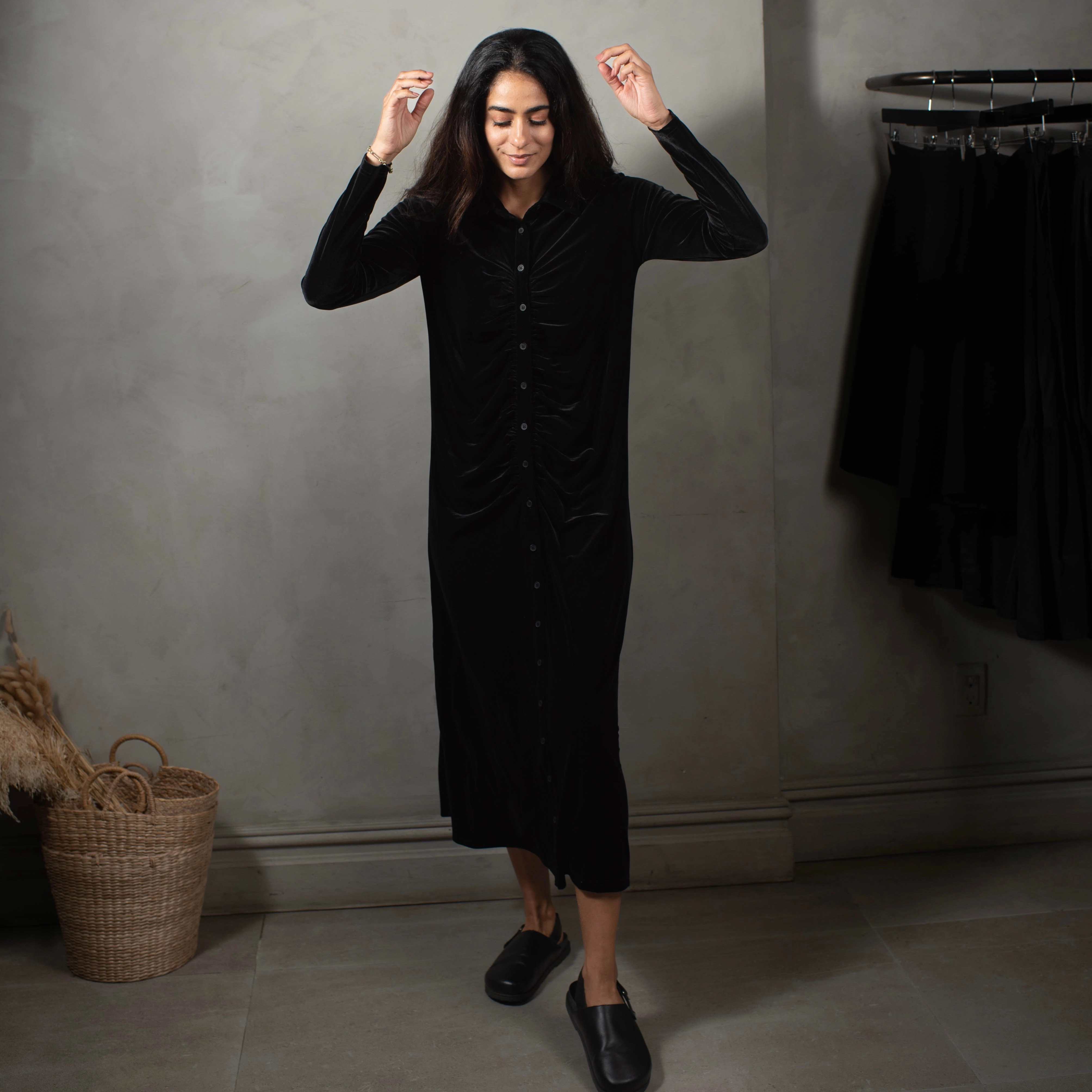 Understated Elegance Chic Style Wear Velour Ruched Dress | Black [Final Sale]