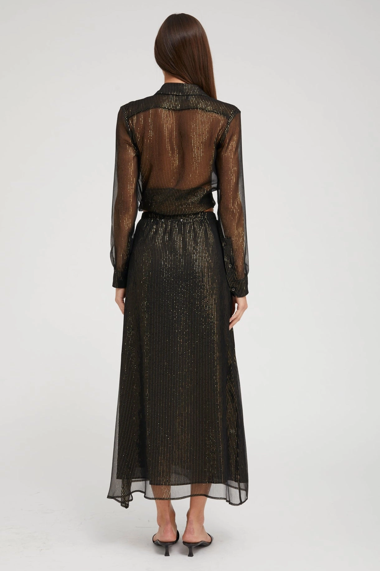 Black and Gold Silk Bias Maxi Skirt Outfit Details Clean Cut