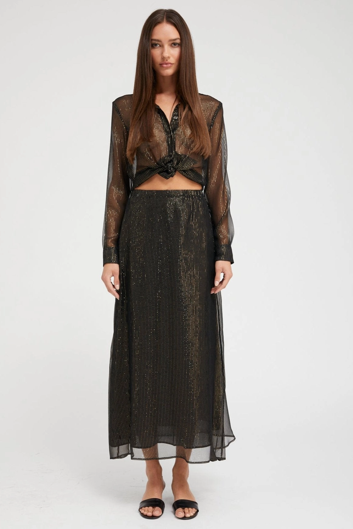 Textured Surface Black and Gold Silk Bias Maxi Skirt