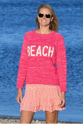 Durable Double Stitching Beach Sweater / Pink White