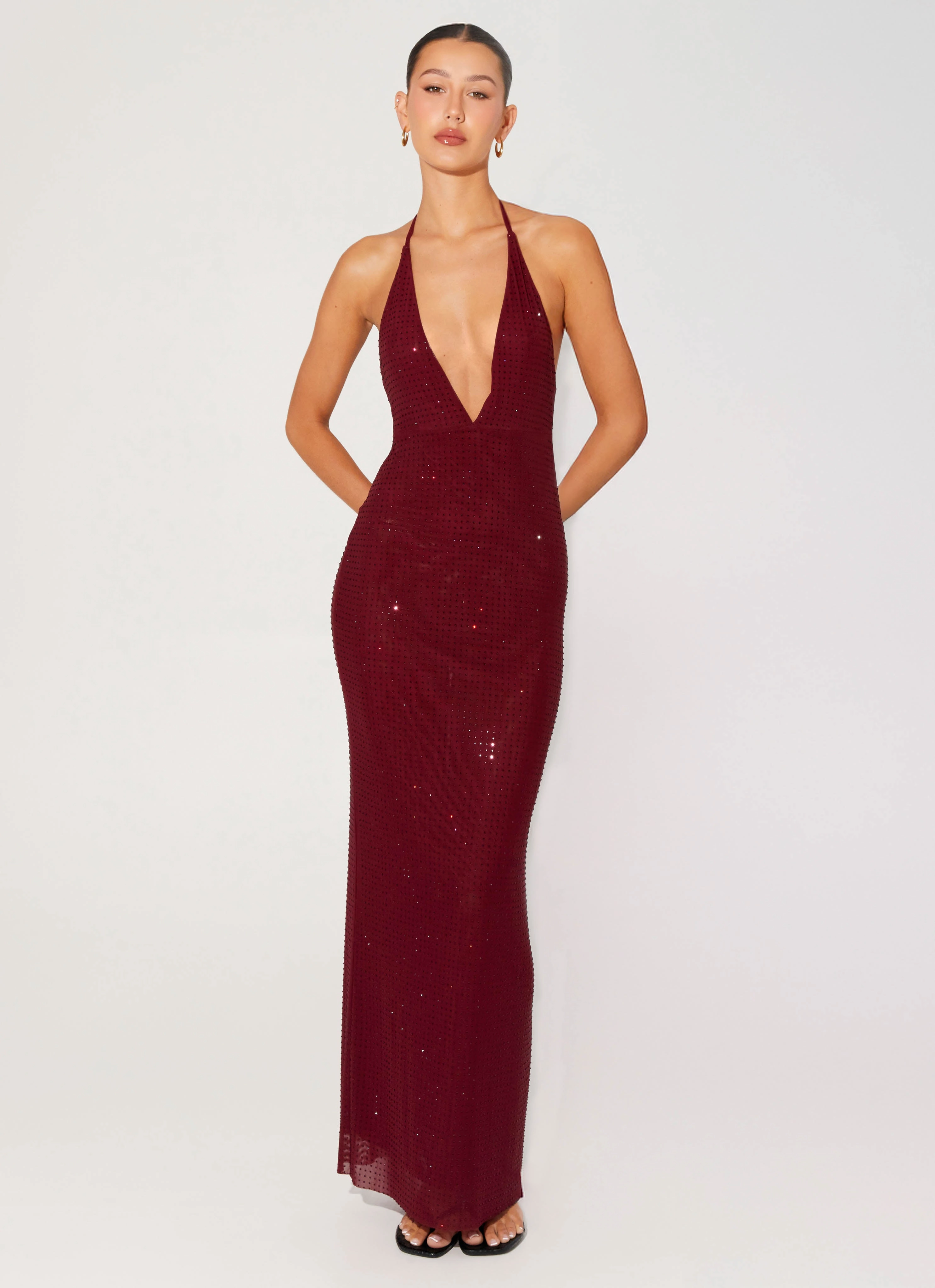 Cut-Out-Detail Gender Fluid Keliese Beaded Maxi Dress - Burgundy