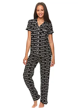 bebe Womens 2 Piece Notch Collar Short Sleeve Button Down Shirt and Long Pajama Pants Set (Midnight Lavender, 2X)