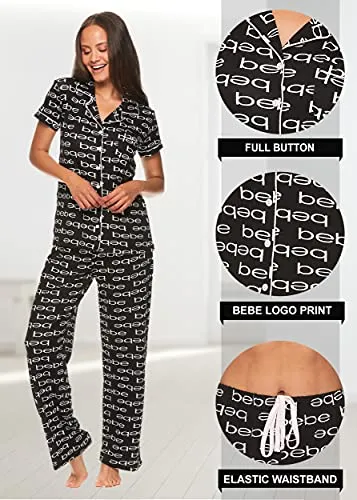 bebe Womens 2 Piece Notch Collar Short Sleeve Button Down Shirt and Long Pajama Pants Set (Midnight Lavender, 2X)