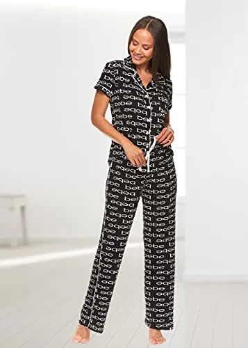 bebe Womens 2 Piece Notch Collar Short Sleeve Button Down Shirt and Long Pajama Pants Set (Midnight Lavender, 2X)